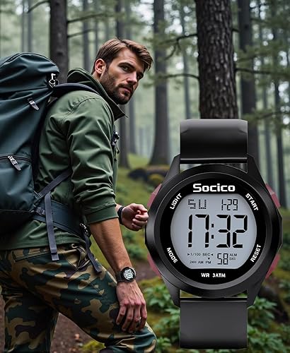 Miniatura 6 de SOCICO Reloj digital para hombre, deportivo, impermeable, para exteriores, con gran esfera, relojes militares, con cronómetro, luz de fondo, alarma,