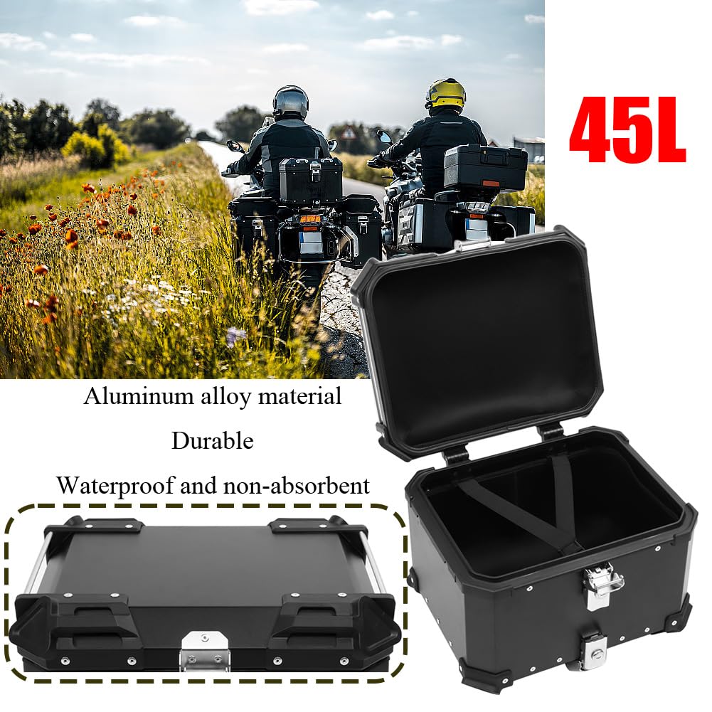 Pudełko na ogon motocyklowy, profesjonalne pudełko do przechowywania ze stopu aluminium CNC, uniwersalna górna obudowa (czarna, 45L)