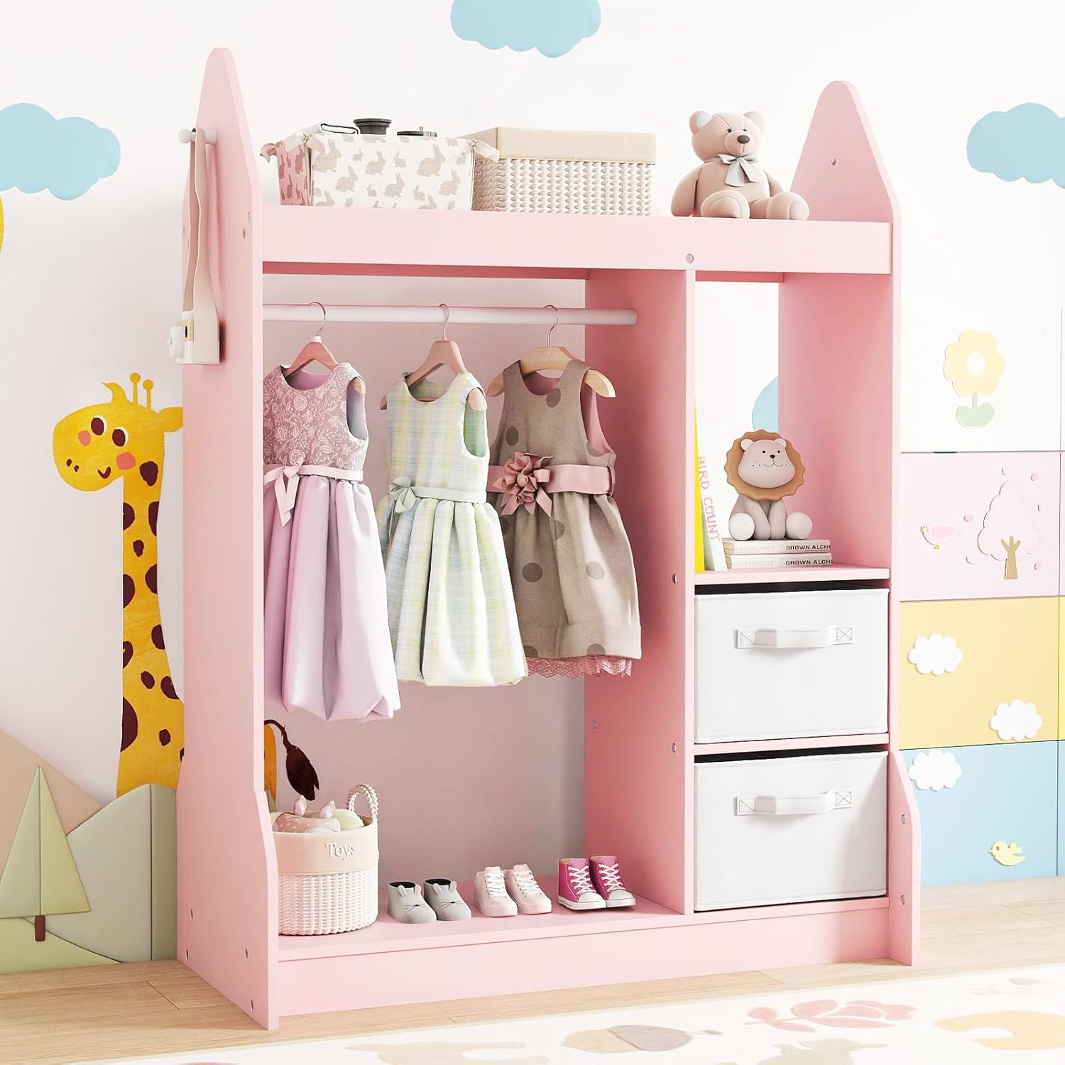 HONEY JOY Kids Dress up Storage with Mirror, Wooden Children Costume Wardrobe Closet w/Storage Bins, Open Hanging Toddler Armoire, Pretend Play Baby Dresser for Bedroom Playroom, for 3+ Years Old