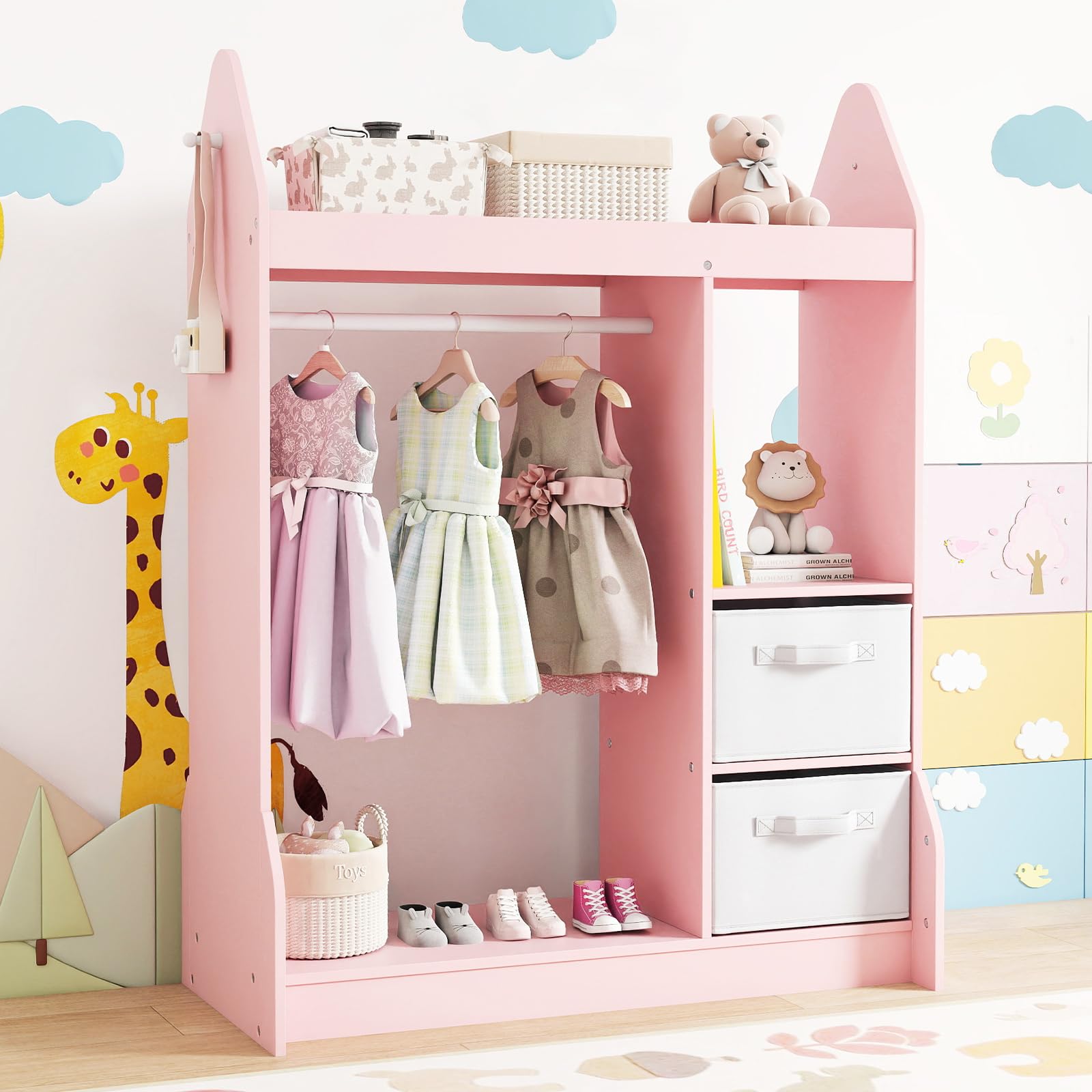 GOPLUS Armario de Almacenamiento para Niños, Ropero con Espejo de Cuerpo Entero, Estantes, Ganchos, 2 Cajas de Tela, Organizador para Juego Imaginativo, Armario de Madera para Dormitorio (Rosa)