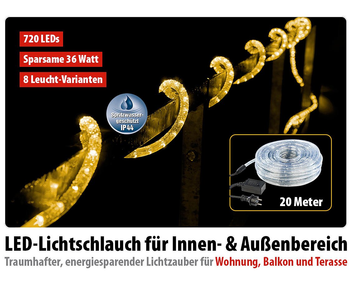 Lunartec Lichterschlauch: LED-Lichtschlauch Innen- & Außenbereich, 720 LEDs,20 m, warmweiß, IP44 (Lichterschlauch, außen, Band)