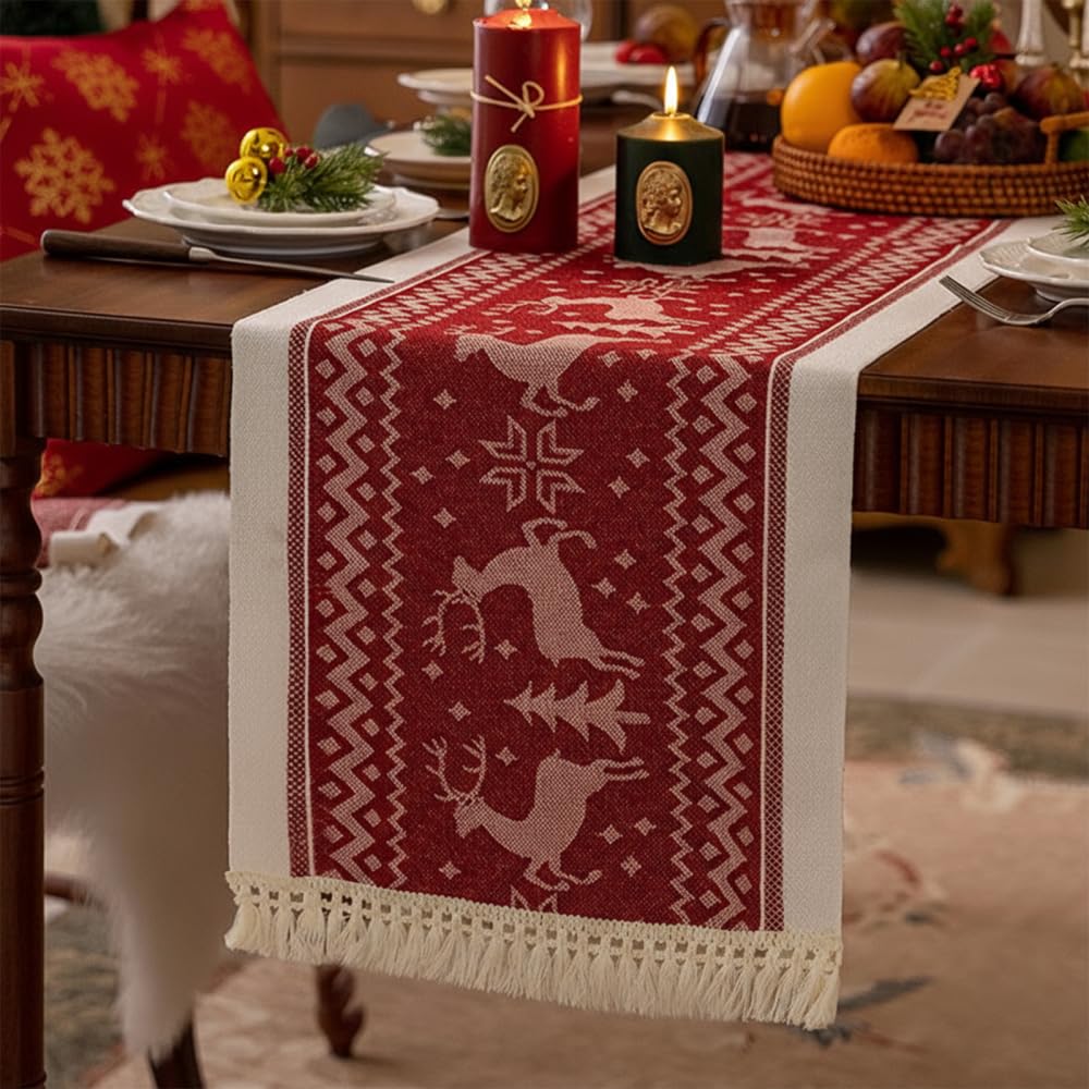 Christmas Table Runner, Waterproof Red Desk Runner Tablecloth with Tassel Fringe for Kitchen Dining Home Party Decor