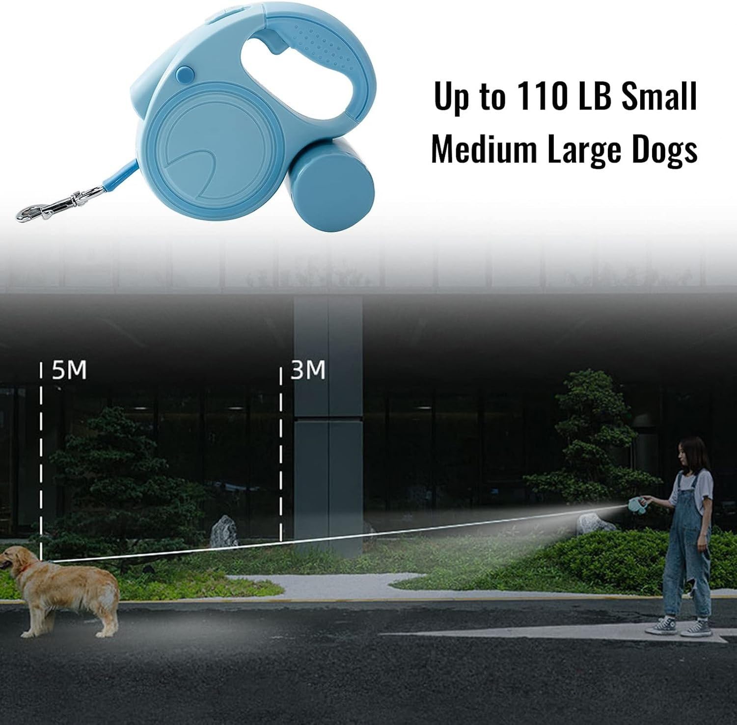 Guinzaglio Cane Retrattile Resistente 16Ft con Luce LED e Dispenser Sacchetti, Extendable Pet Lead 360 Gradi Senza Nodi per Cani Piccoli Medi Grande Fino 110 LB, Blue