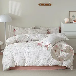 VM VOUGEMARKET Rose Flower Duvet Cover Queen Stripes Bedding Set 100% Cotton Vintage Country Style Girls Comforter Cover with 2 Bow Tie Pillowcases,Off-White/Cream