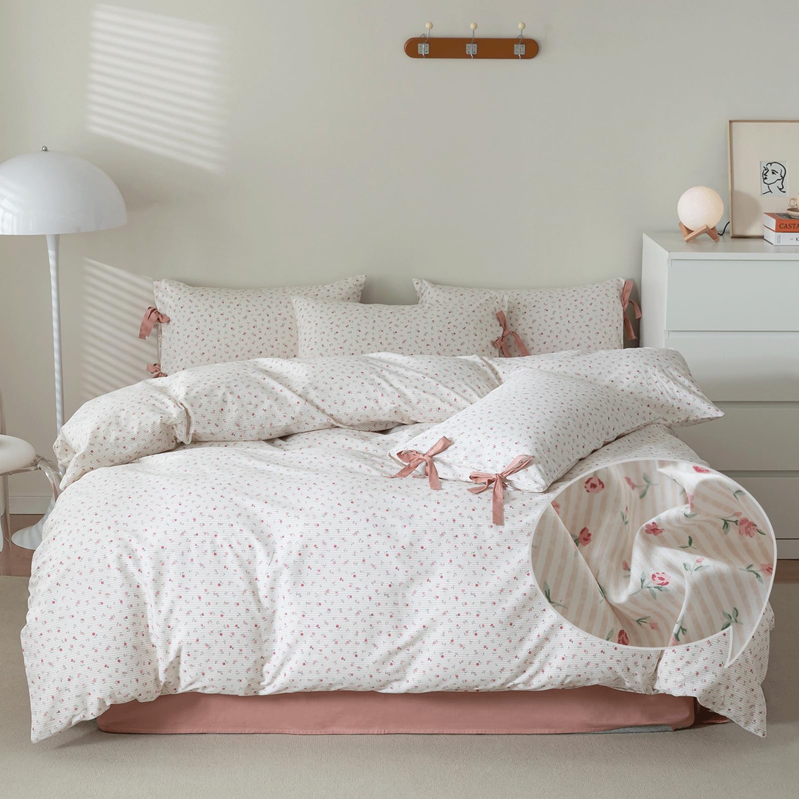 VM VOUGEMARKET Rose Flower Duvet Cover Queen Stripes Bedding Set 100% Cotton Vintage Country Style Girls Comforter Cover with 2 Bow Tie Pillowcases,