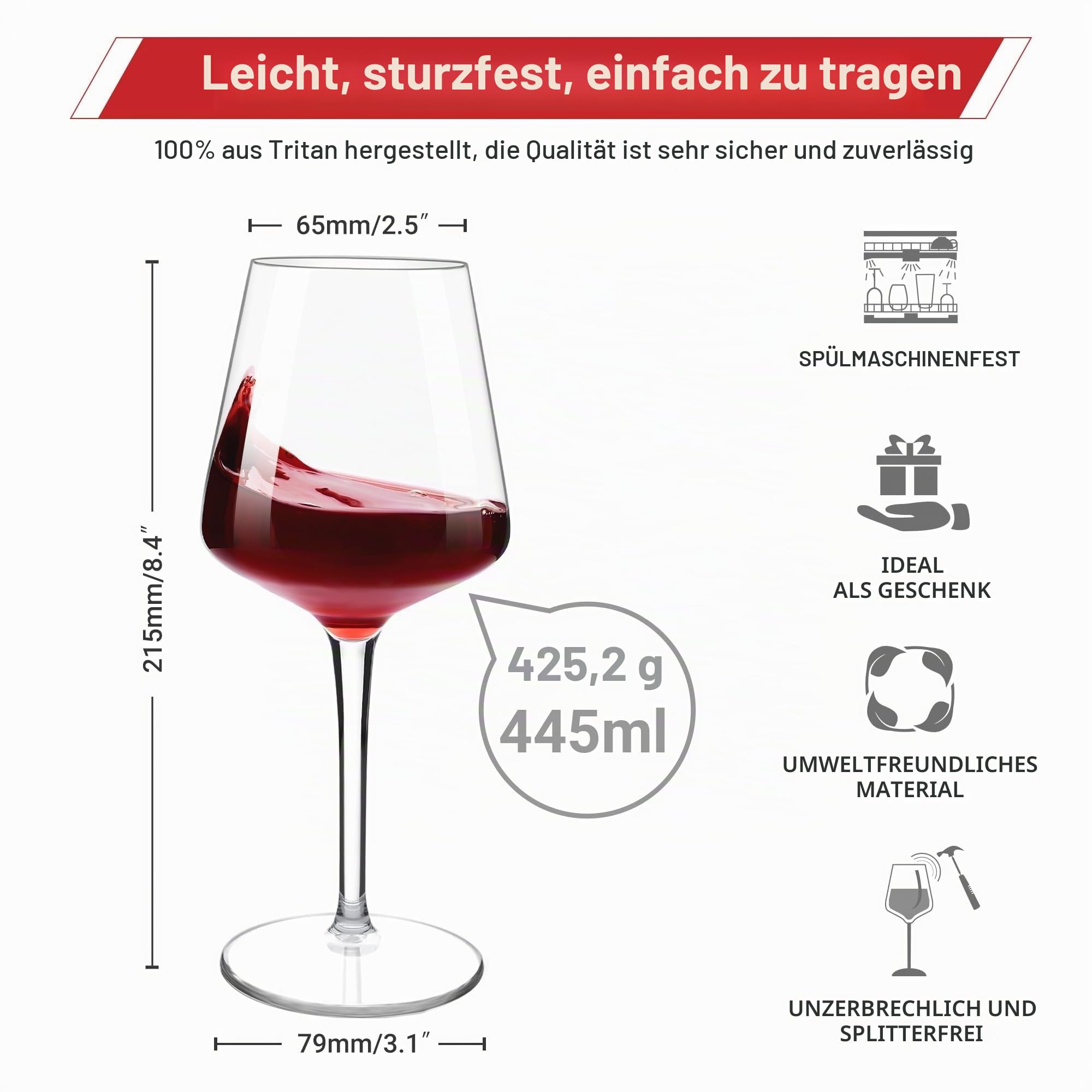 HAHASHOW Unzerbrechliche Rotweingläser, Tritan-Kunststoff Weinglaeser, bruchsicher Camping Weingläser, 445 ml plastik Tasse 6er set