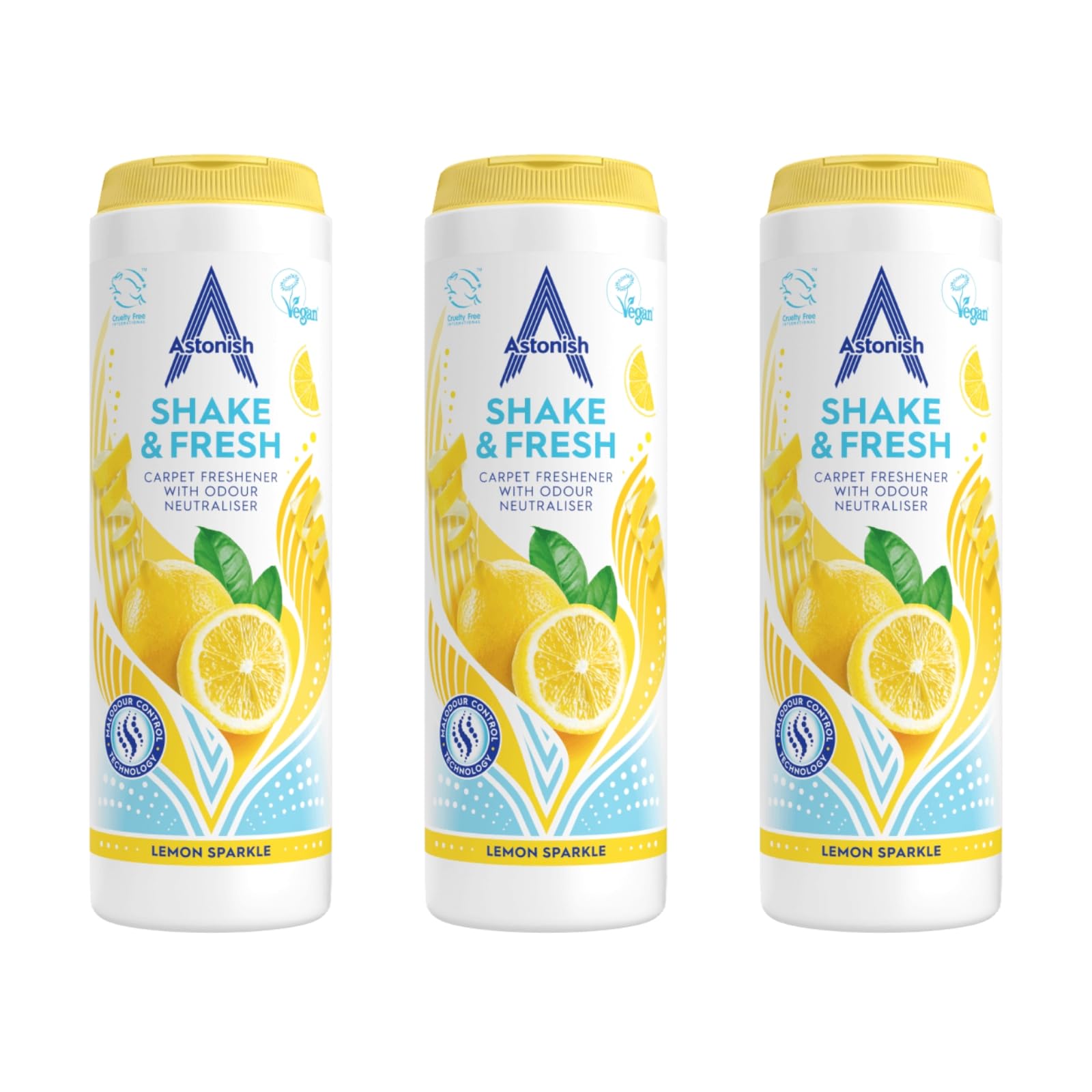 Astonish Shake & Fresh Carpet Freshener, Eliminates Odours, Lemon Sparkle, 3 x 350g