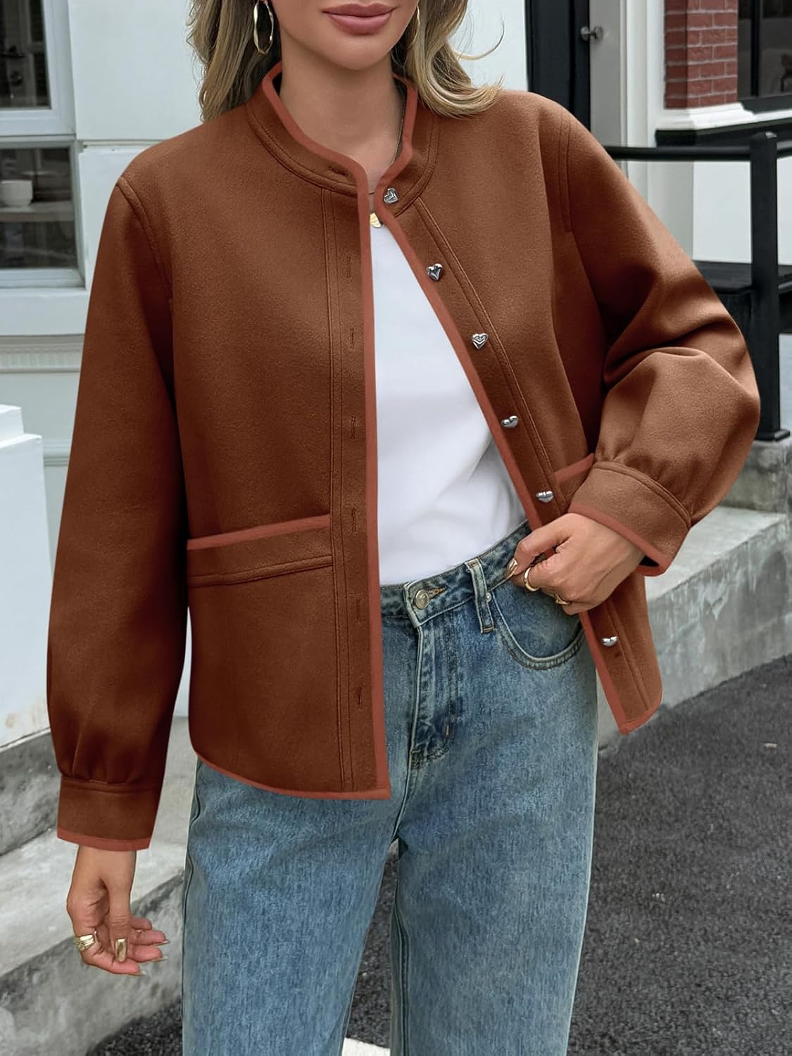 Cicy Bell Womens Button Down Bomber Jackets Puff Sleeve Cropped Pea Coats Casual Fall Color Block Outerwear - Image 4