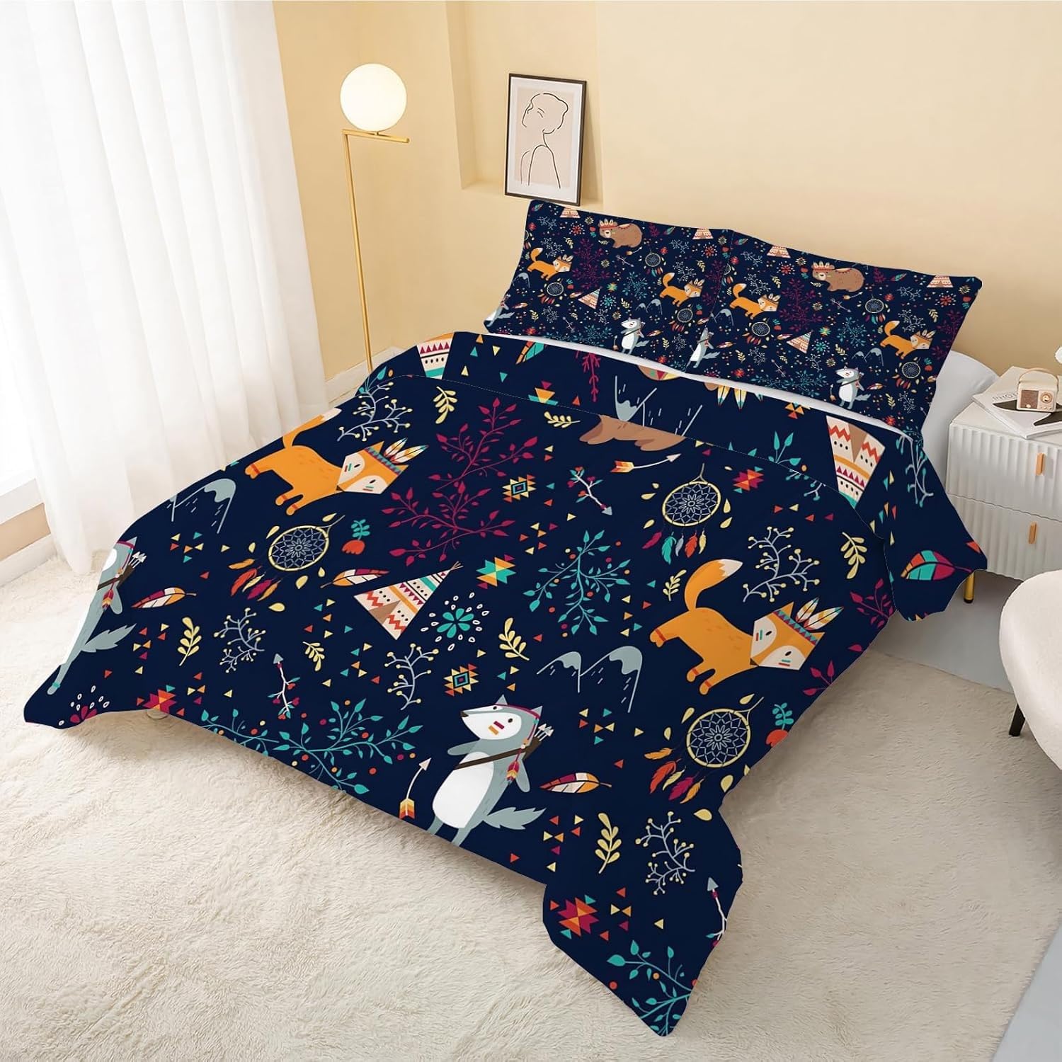 Edredon Nordico Cama 120 Zorro Floral, Relleno Nordico Niños 200x220 cm con 2 Fundas de Almohada 50x75 cm, Ligero, Suave, Transpirable para 4 Estaciones Edredones