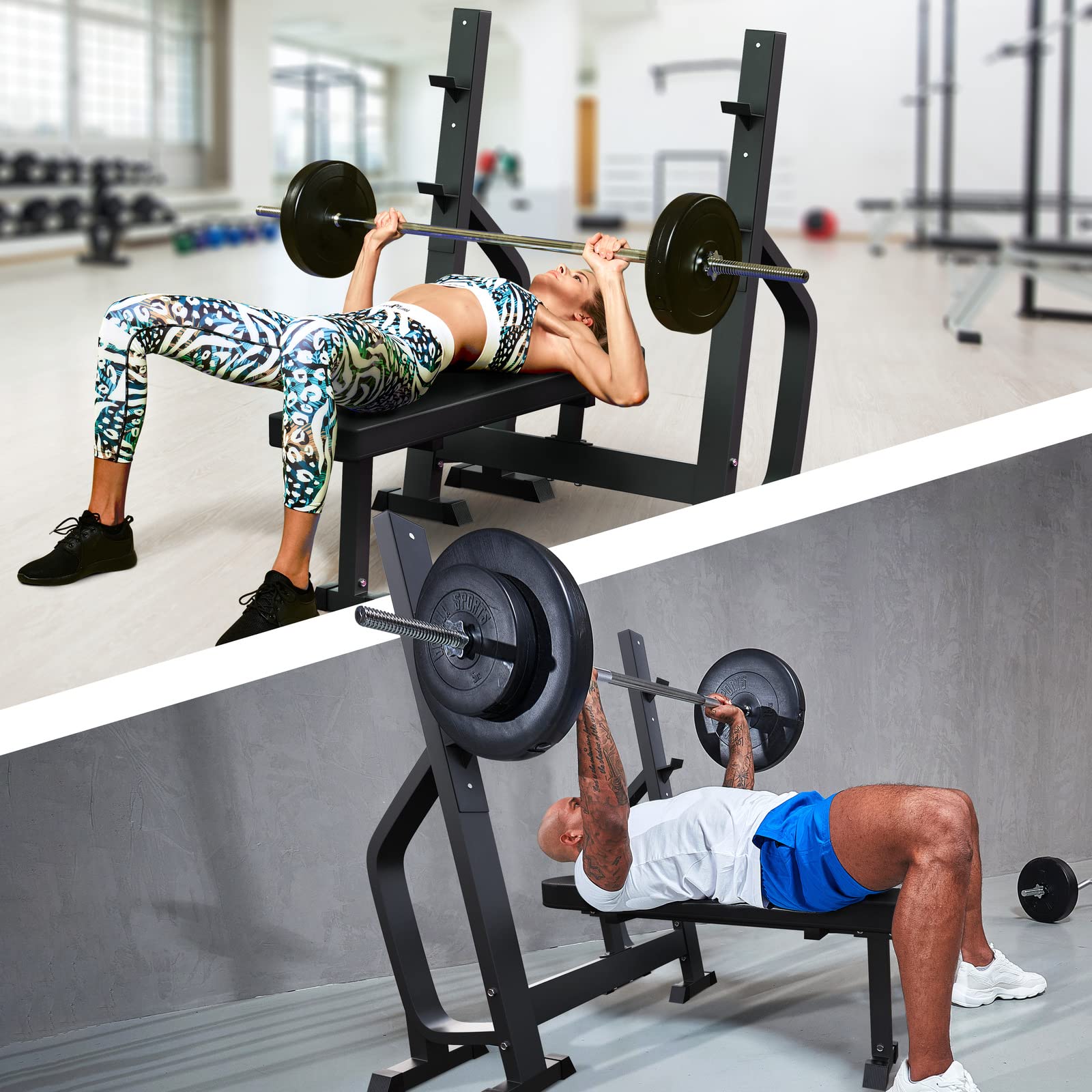 GORILLA SPORTS® Panca Pesi - con Portabilanciere, 2 Livelli di Altezza, Piana, Carico Massimo 250kg, Piedi Antiscivolo, Nero - Panca Palestra, Sollevamento Pesi, Stazione Fitness, Allenamento
