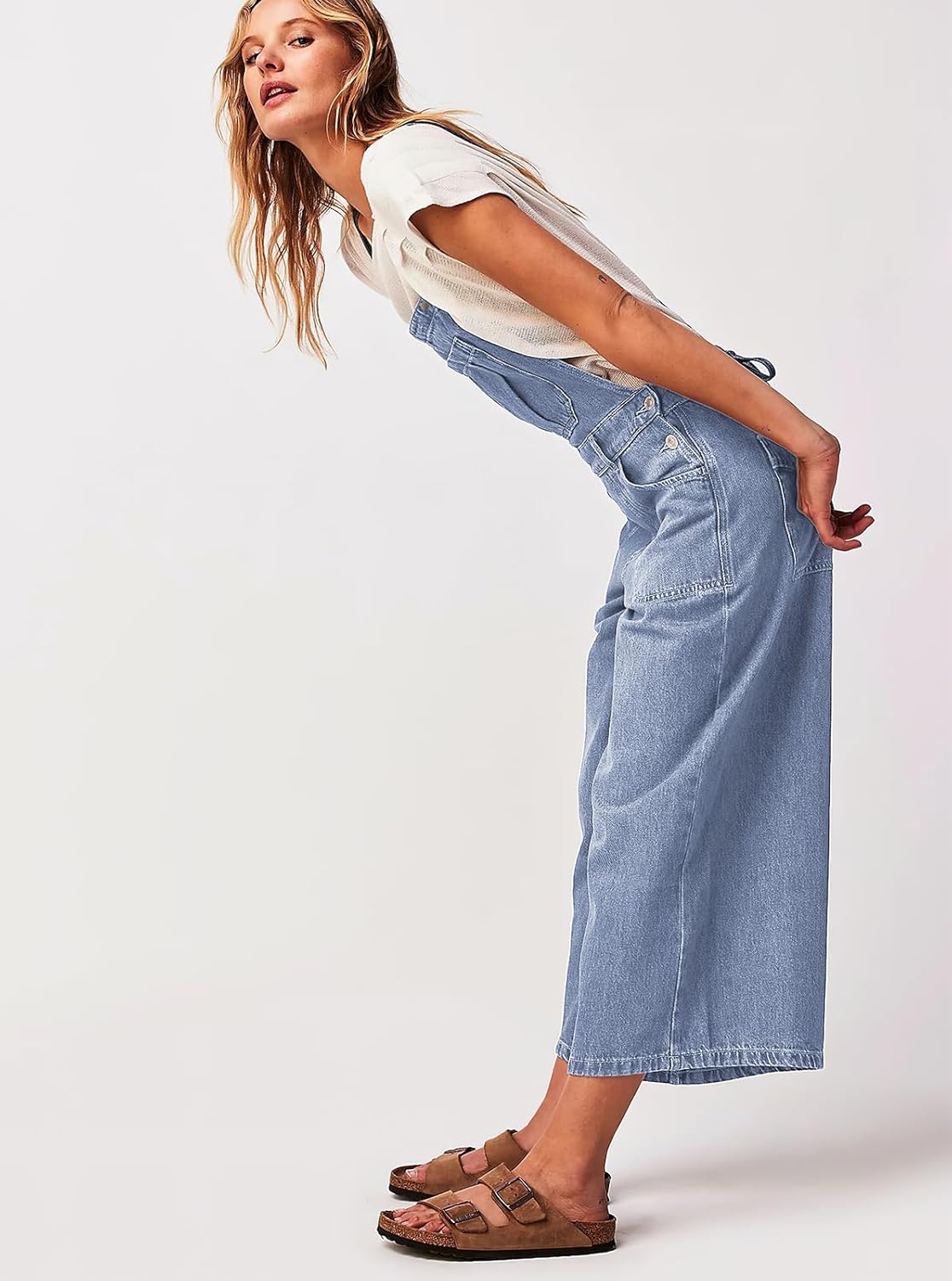 ebossy Women's Adjustable Spaghetti Strap Bib Overalls Casual Loose Wide Leg Capri Jean Jumpsuit - Image 3