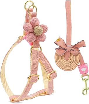 PETCARE Cute Flower Dog Harness and Bowtie Leash Set Easy Walk Puppy Dog Halter Harnesses for Small Dogs Girl Step in Dogs Harness with Buckle Pink, Chest Adjustable 11"-17", Rope Width 0.59"