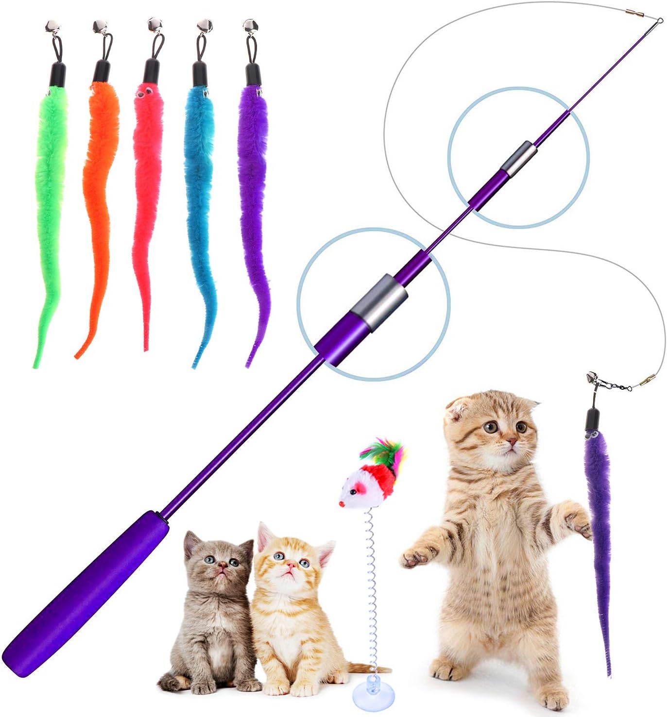 Retractable Cat Toys Wand with 5 Piece Teaser Refills, Interactive Cat Feather Toy for Cat Kitten Having Fun Exerciser Playing, Purple