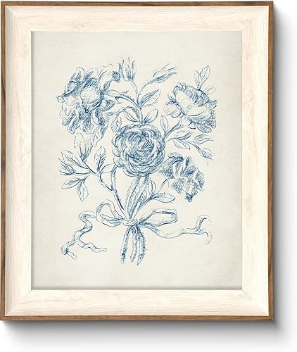ASTRDECOR Arte de pared vintage enmarcado para baño, arte de pared azul botánico para decoración del hogar, arte de pared estética, ramo de rosas