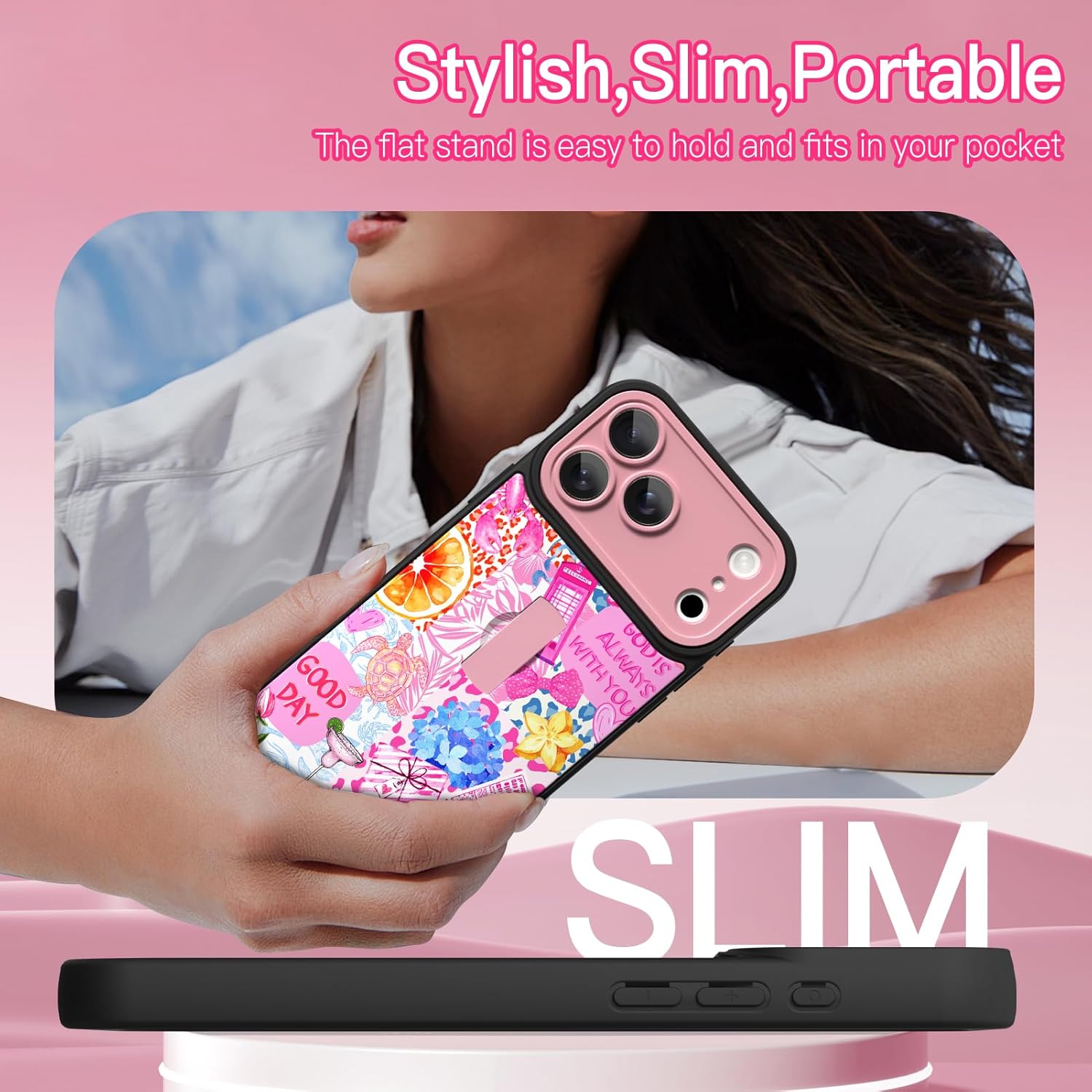 KANGHAR Compatible with iPhone 17 Pro Max Case Summer Collage Coastal Pattern Finger Stand Design Full Body Rugged Shockproof Protection Glossy Protective Kickstand Phone Cover 6.9 Inch Pink