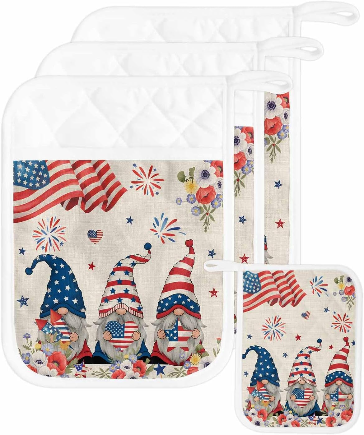 3PCS Pot Holders with Pocket for Kitchen, 4th of July Gnomes Pot Holder Set Heat Insulation Potholders, Floral Independence Day American Flag Oven Mitts Hot Pads for Baking Cooking Barbecue