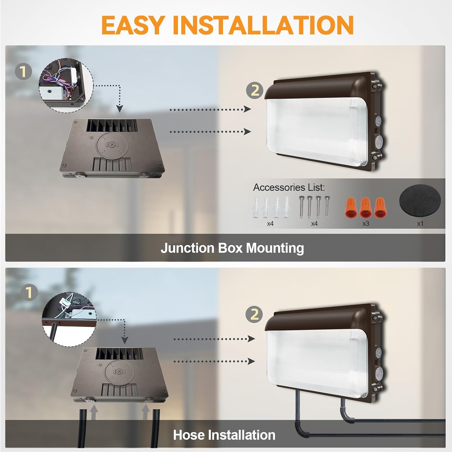 LED Wall Pack Light, 80W/70W/60W & 3000K/4000K/5000K Adjustable, 120-277V, 0-10V Dimmable, IP65 Waterproof, 10800LM LED Wall Pack with Photocell for Shop, Entryway, UL Listed, 1PK