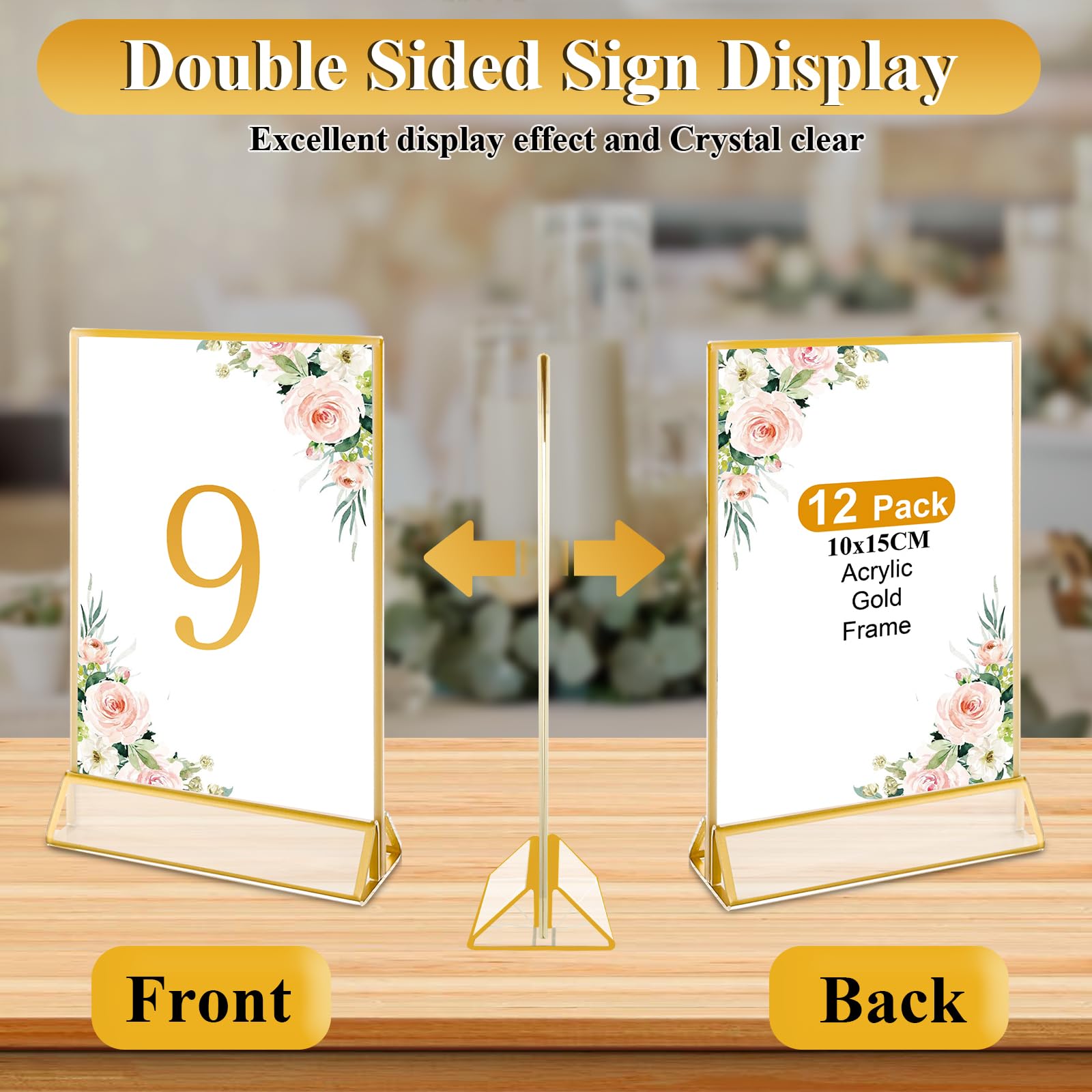 Lot de 12 présentoirs de table A5, 10 x 15 cm, en acrylique, double face, dorés, support en T, cadre doré pour présentation des deux côtés, mariage, restaurants