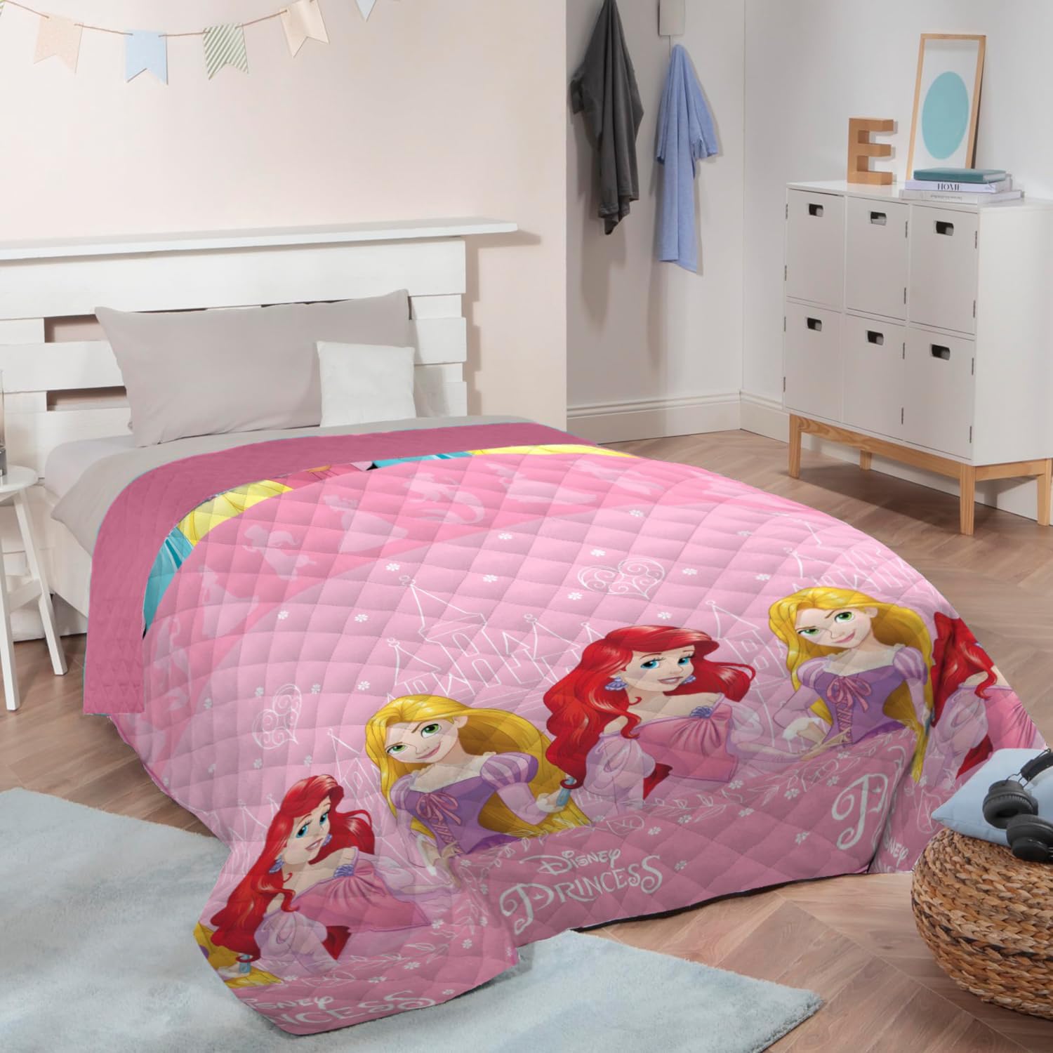 Disney Princesa Colcha Bouti Infantil para Niños Licencia Oficial, 170 x 250 cm, 100% Poliéster, 100 gr/m2, Cama 90-105 cm, Color Rosa