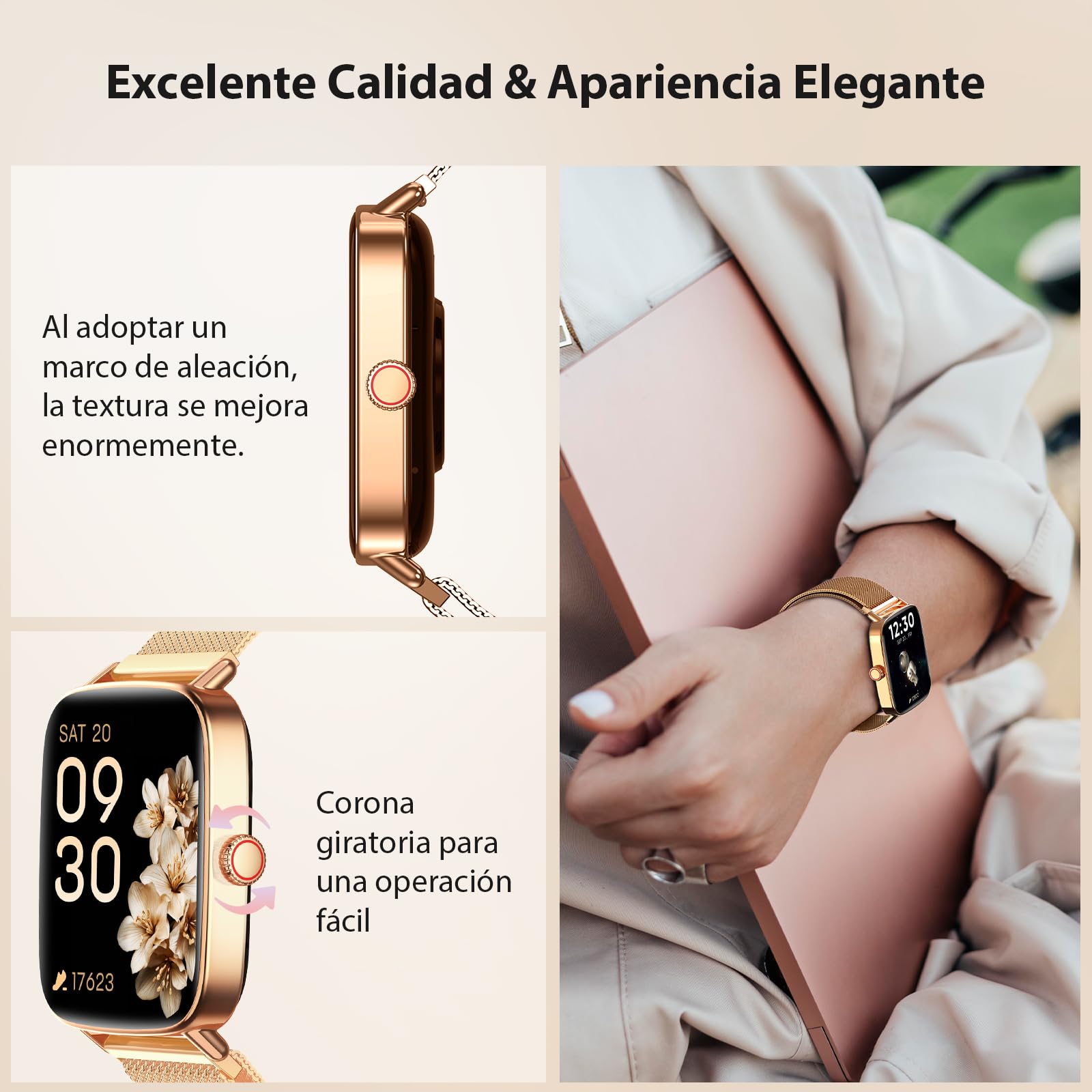 Yoever Reloj Inteligente Mujer, 1.85" Smartwatch Mujer con Llamadas y Whatsapp Notificación, SpO2/Pulsómetro/Sueño/Podómetro, 110 Modos Deporte, IP68 para Android iOS Dorado
