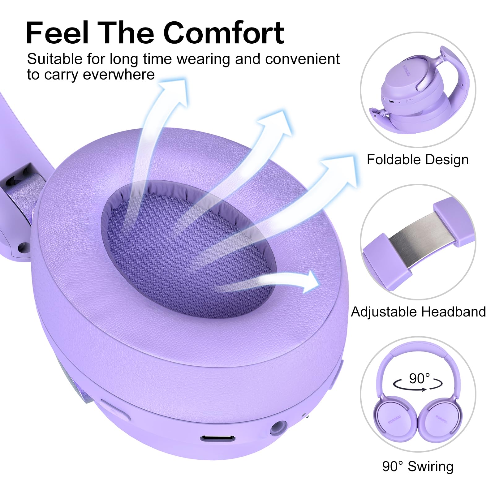 RORSOU B8 Cuffie Bluetooth su orecchio, 6 EQ modalità musicale e cuffie basse basse profonde da 50 ore con microfono, leggero Stereo pieghevole HiFi Viola