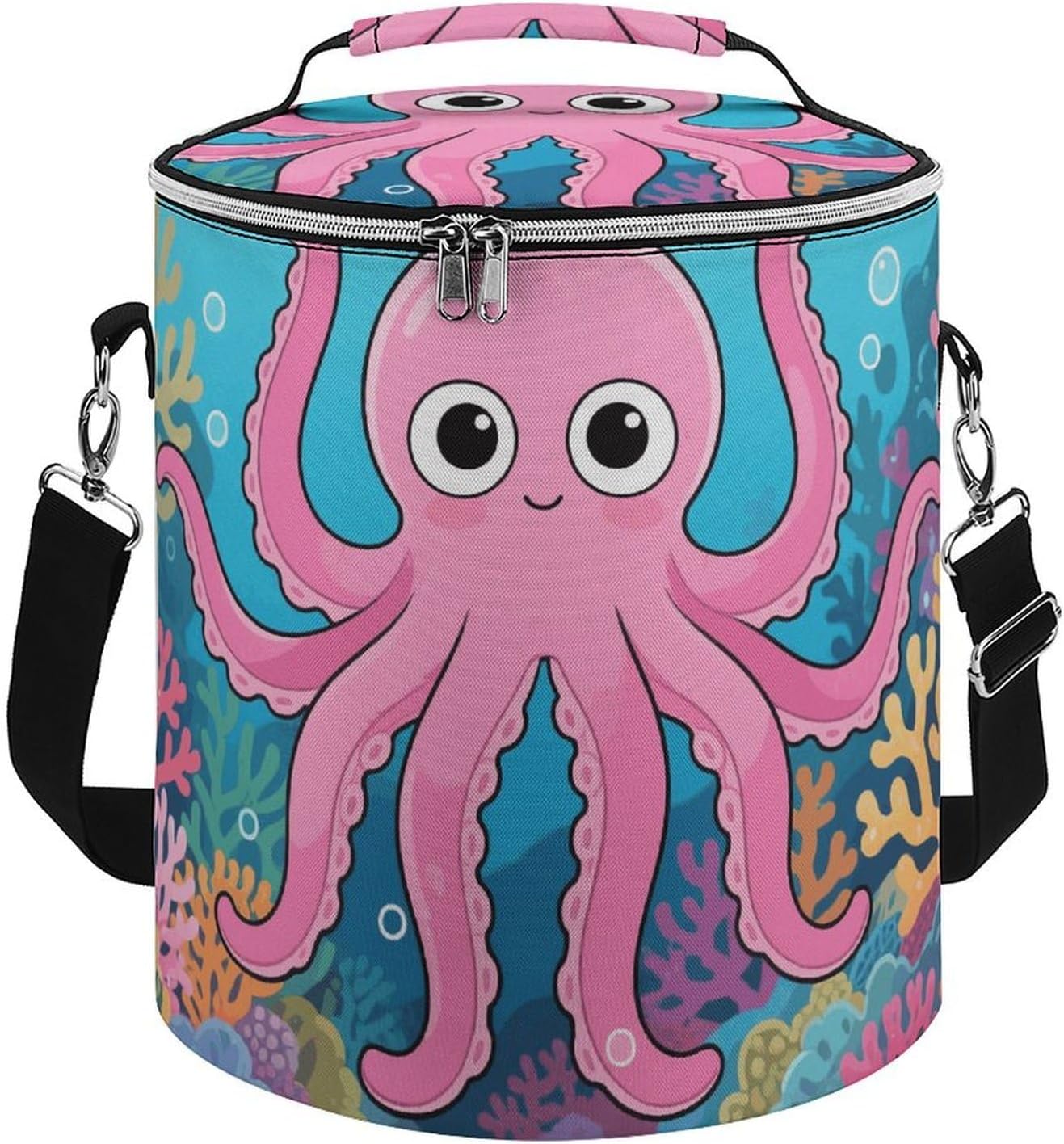 Octopus Cartoon Lunch Bag 15L, Insulated Picnic Basket with Leakproof Design - Large Cooler Tote for Camping, Beach, Hiking & Groceries
