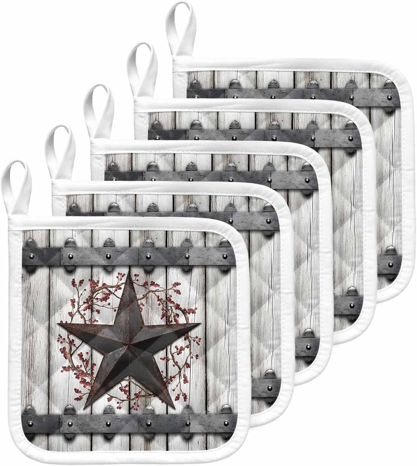 Texas Star Retro Pot Holders for Kitchen Heatproof Potholder, 5 Pack Brown Wooden Berry Vintage Farm Hot Pads Multipurpose Oven Pads Cloth Potholders Trivet for Cooking Baking