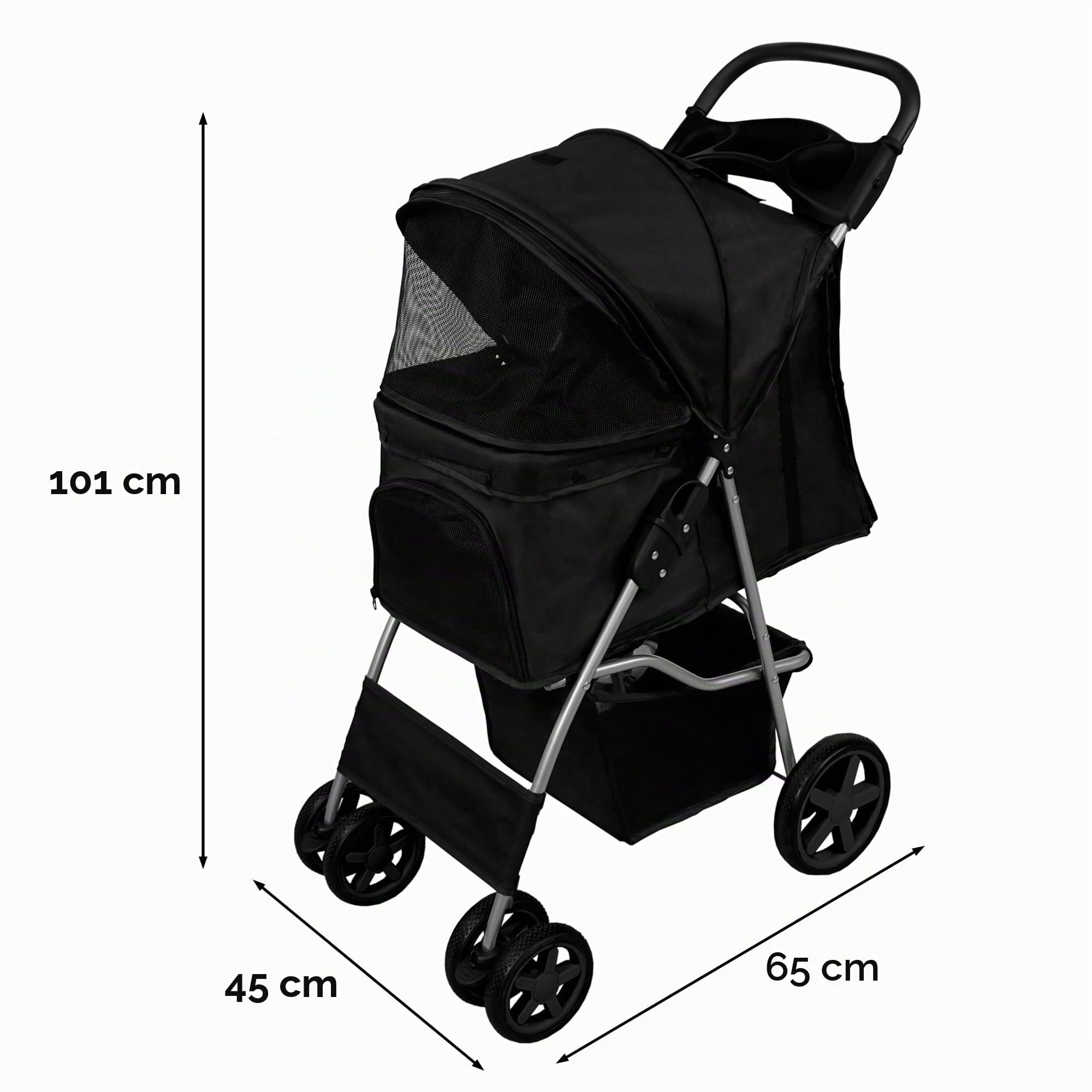 Cochecito Plegable para Mascotas NEGRO | Capacidad Carga 15kg | Correa de seguridad | Cesta Portavasos y Cubierta de lluvia GRATIS | Carrito de Viaje para Perros Gatos Pet Travel Stroller