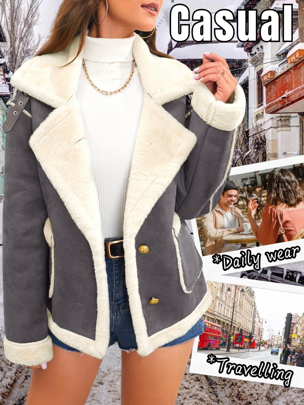 Women's Faux Suede Sherpa Lined Jacket, Oversized Fur Lapel Coat, Winter Warm Outfit Trendy - Image 7