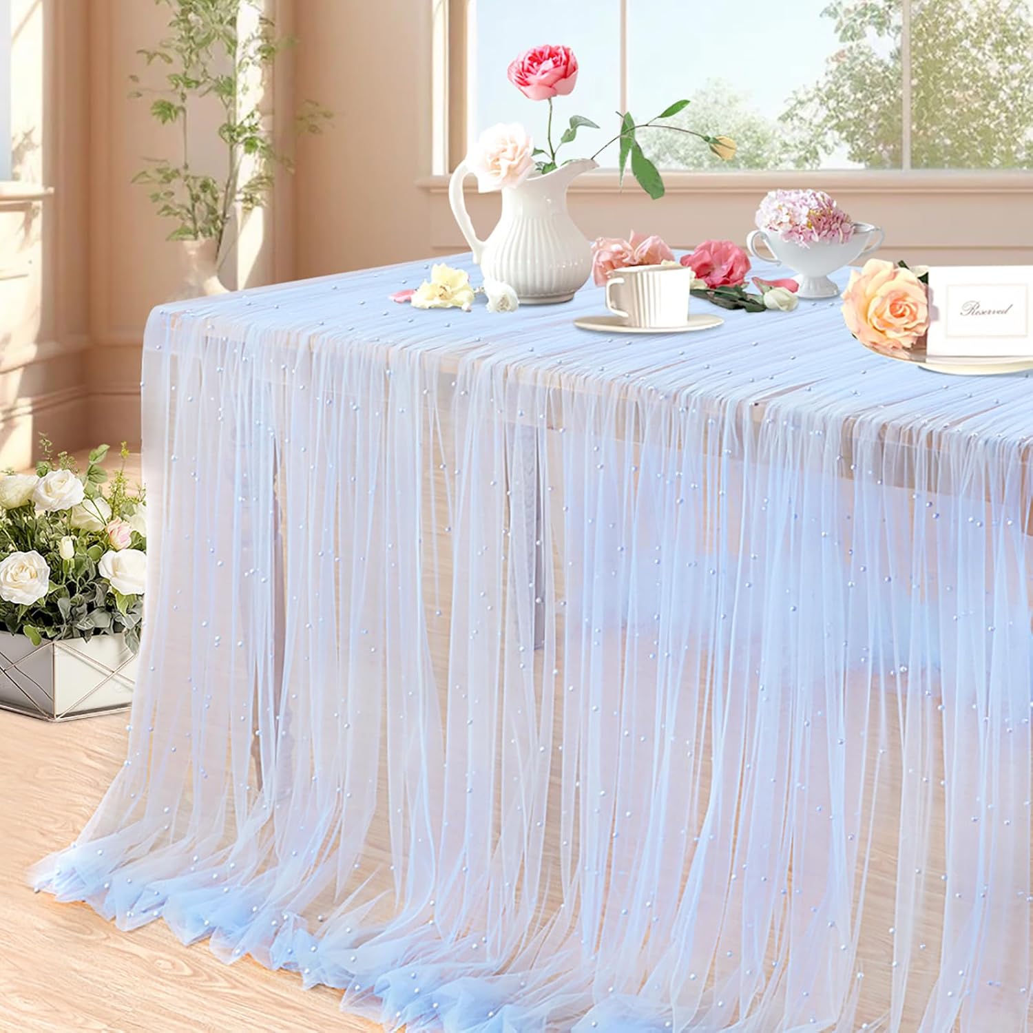 LuoluoHouse 5 Pieces Pearl Table Cloth: Wedding Arch Decorations Baby Blue Lace Fabric for 60x120 Inch Romantic Bridal Shower Cake Topper Sheer Table Runner Decor 10ft