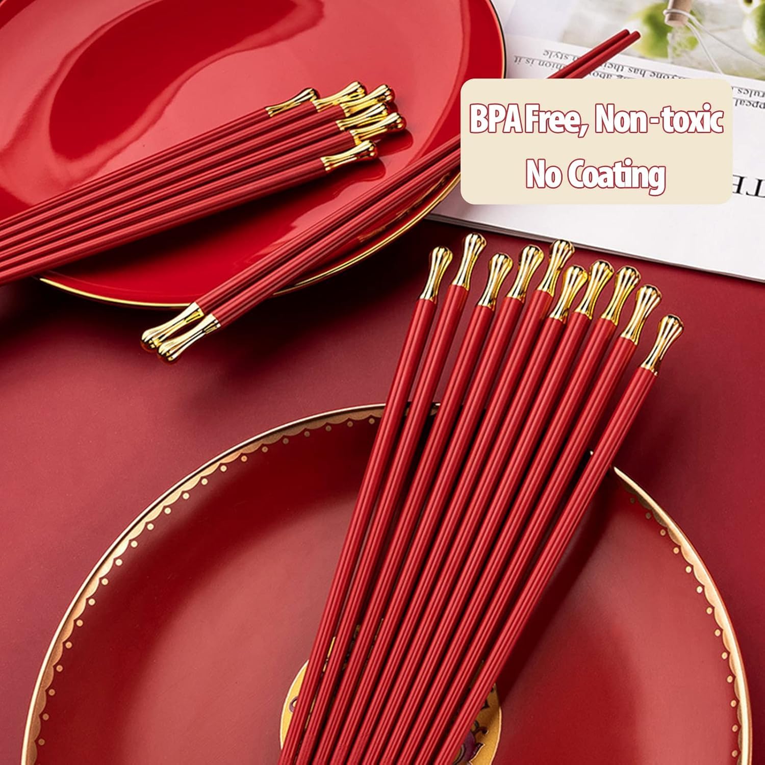 Rabbonix 5 Pairs Chopsticks Reusable Dishwasher Safe, 9.6 inch/24.3cm Matte Non-Slip Fiberglass Chopsticks, Chinese Japanese Korean Chop Sticks, Red 4