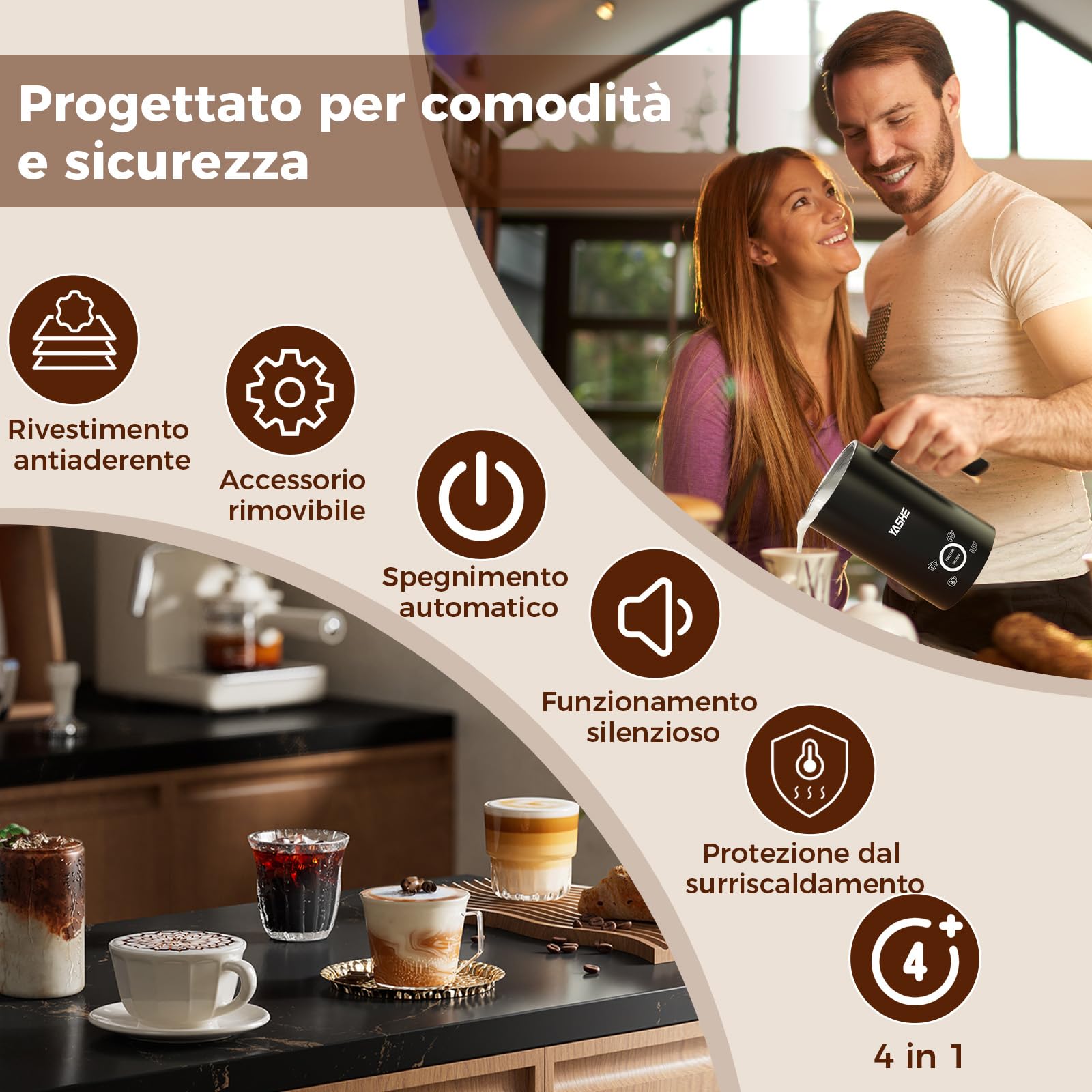 YASHE Montalatte Elettrico 4-in-1, 300ml Schiuma Latte Calda/Fredda, Cappuccinatore, Rivestimento Antiaderente, Ideale per Cappuccino, Macchiato, Caffè Latte e Cioccolata Calda, 500W