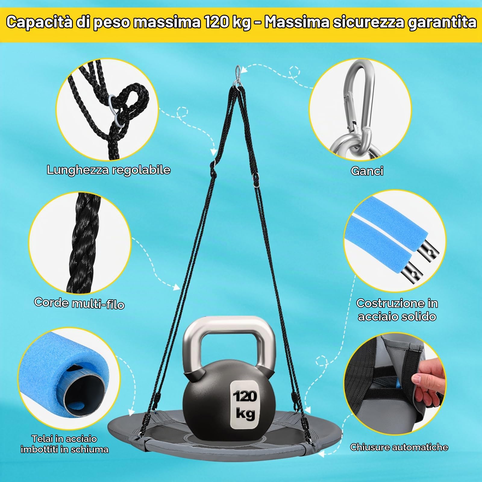 Altalena circolare da 120 cm, capacità di peso volante di 300 kg, 2 cinghie di sospensione aggiunte, corde multifilo regolabili, sedile da altalena sicuro e durevole per bambini