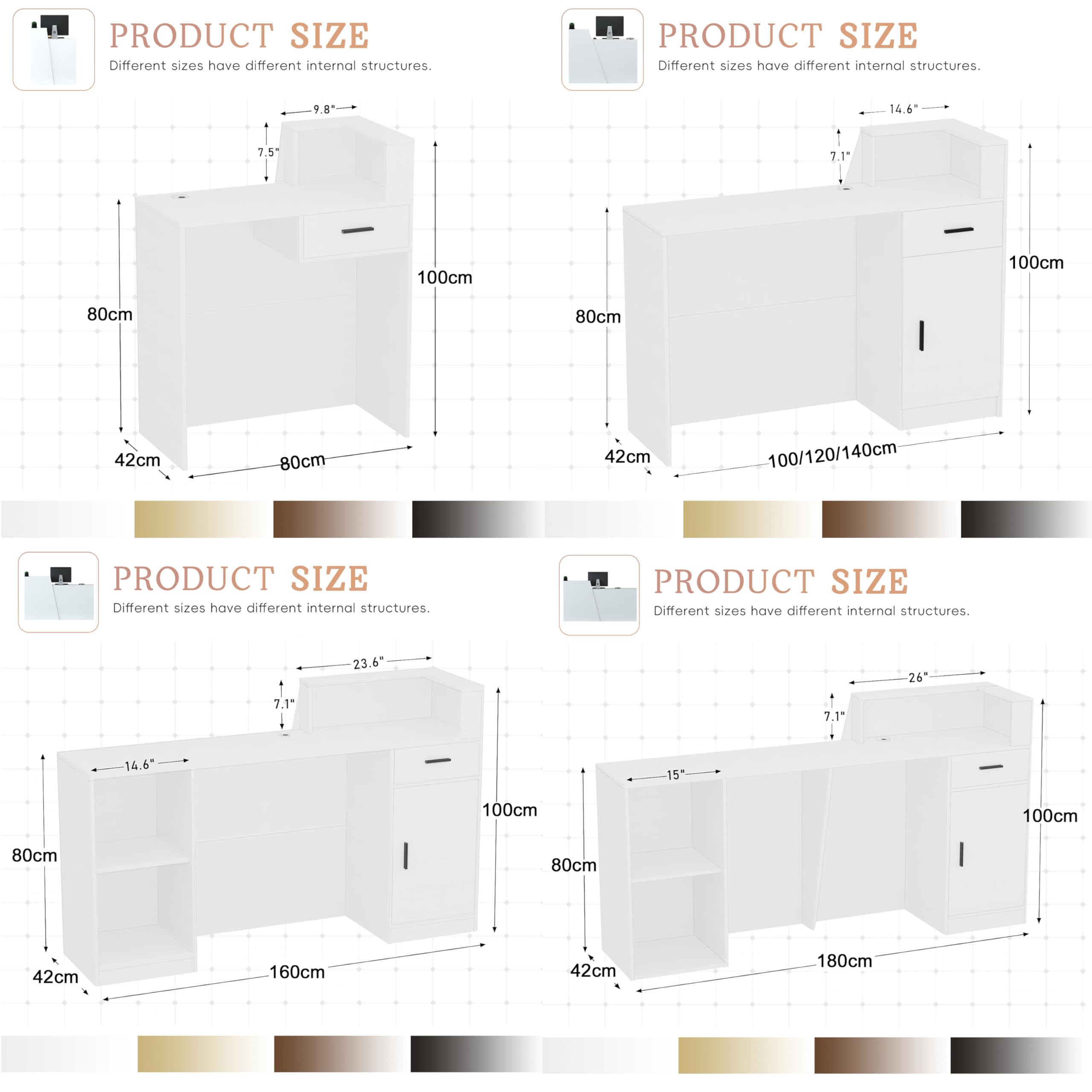 Descrito De Recepción Con Casilleros De Almacenamiento, 80-200CM Mesa De Recepción, Mostrador De Pago Moderno Para Salón, Oficinas, Hotel, Tiendas Minoristas Tabla White+wood-left corner 160×42×100cm