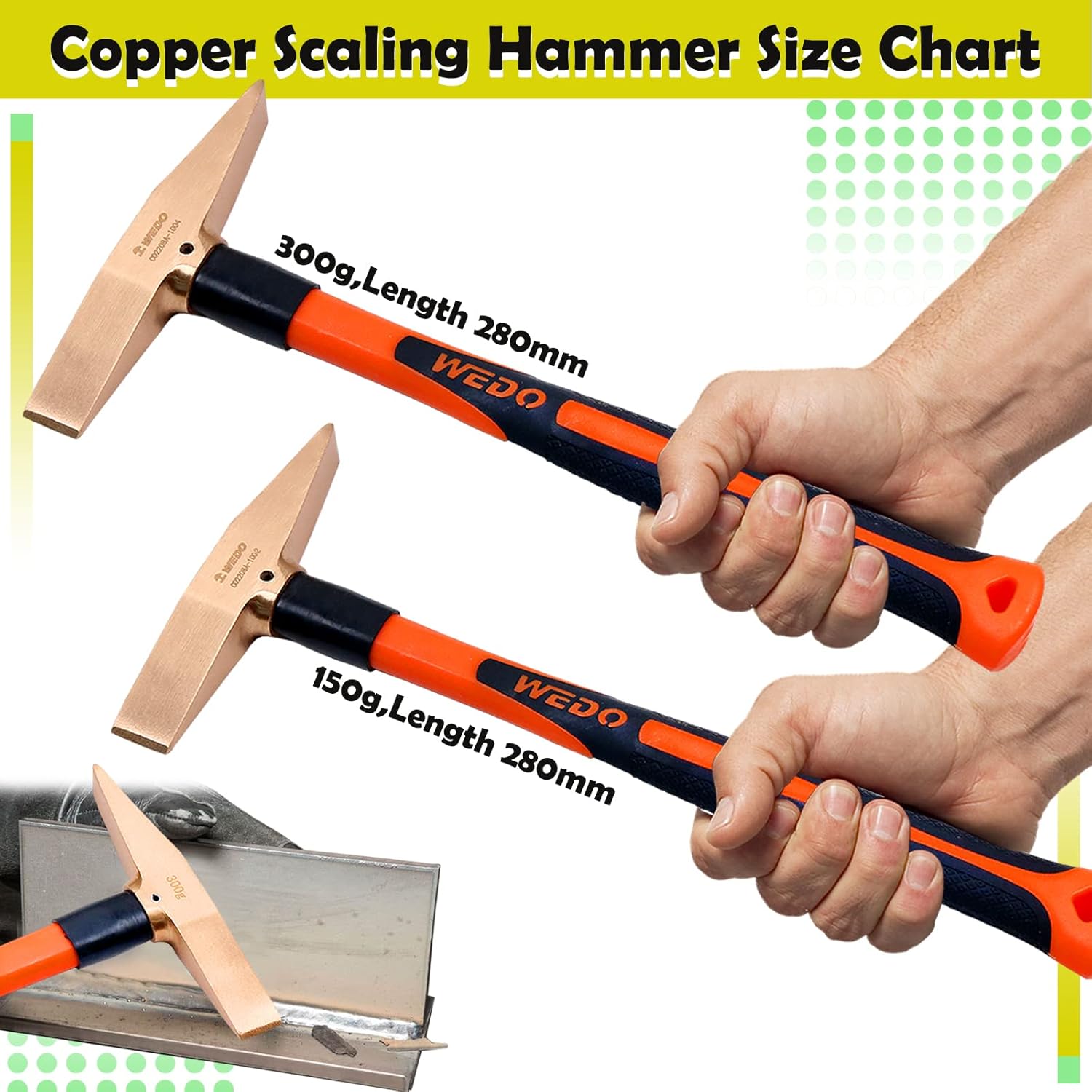 WEDO Copper Scaling Hammer with Fiberglass Handle,Welding Hammer,Chipping Hammer,300g, Length 280mm(11")