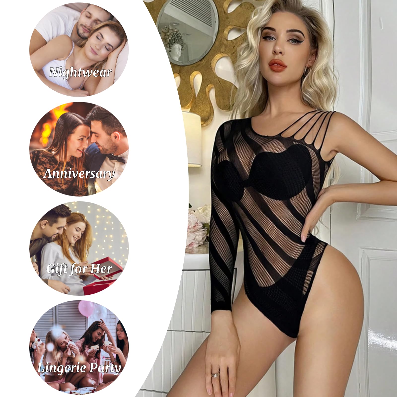 ZWCHGJ Body damskie, Body kabaretki Przezroczysta siateczka Trykot w paski Prześwitujące stringi Top Na jedno ramię Wycięcia Kombinezon Bodycon Teddy Catsuit, impreza, klub, wyjście