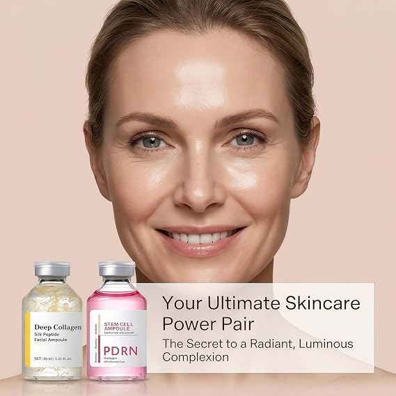2PCS Deep Collagen Silk Peptide & PDRN Stem Cell Ampoule Set, Korean Glass Skin Serum with Sodium DNA, Anti-Ageing Peptide Serum for Face, Instant Fine Lines Smoothing & Hydrating for Women