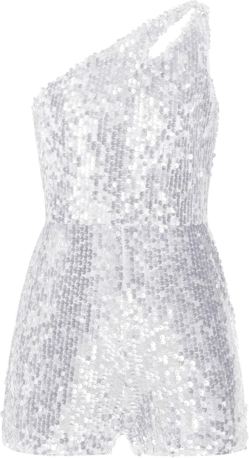 Kids Girls One Shoulder Jumpsuit Sequins Leotard Jumpsuit Dancing Outfits Party Gown