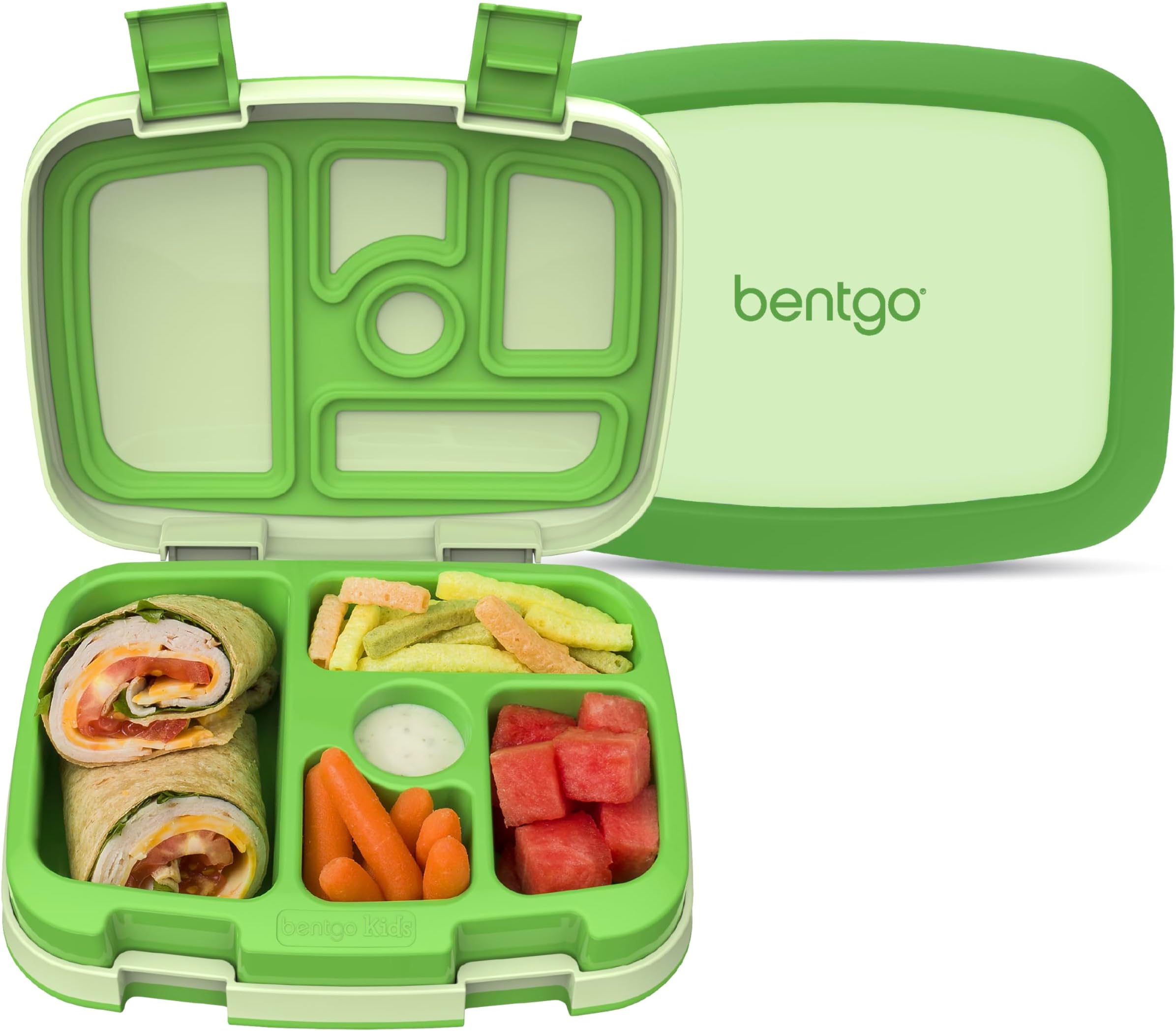 Bentgo Kids Bento-Style 5-Compartment Leak-Proof Lunch Box - Ideal Portion Sizes for Ages 3 to 7 - Durable, Drop-Proof, Dishwasher Safe, PFAS & BPA-Free & Made with Food-Safe Materials (Green)