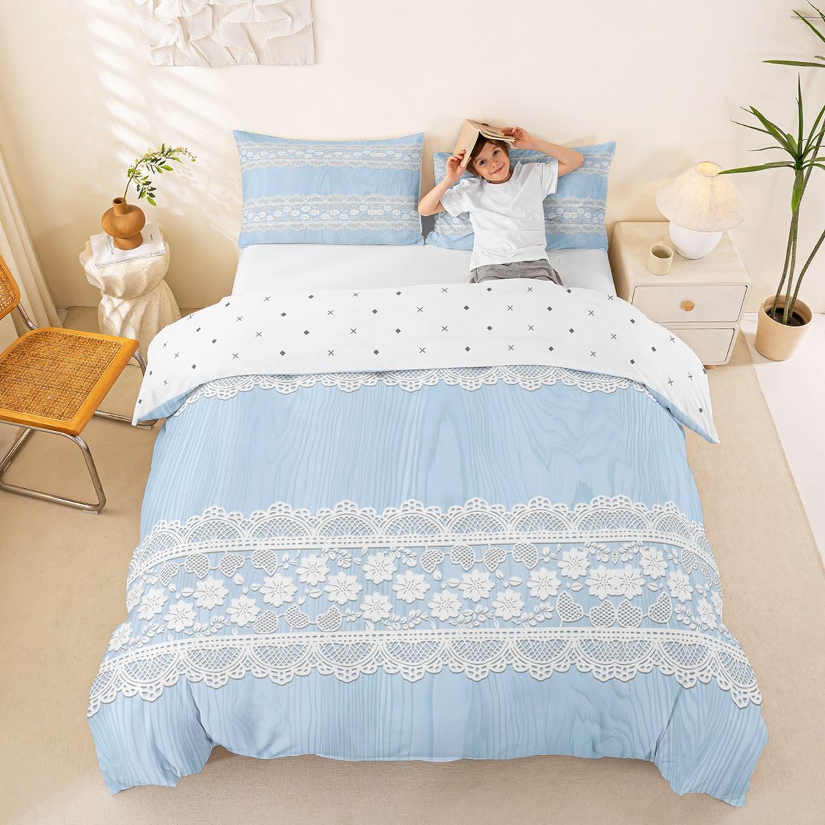 Castle Fairy Floral Lace Duvet Cover Sets Full Size,Retro Wood Grain Bedding Set 3Pcs for Kids Girls Boys Teens Room Decor,Cute Flower Leaf Comforter Cover Light Blue Quilt Cover,2 Pillowcases image 5