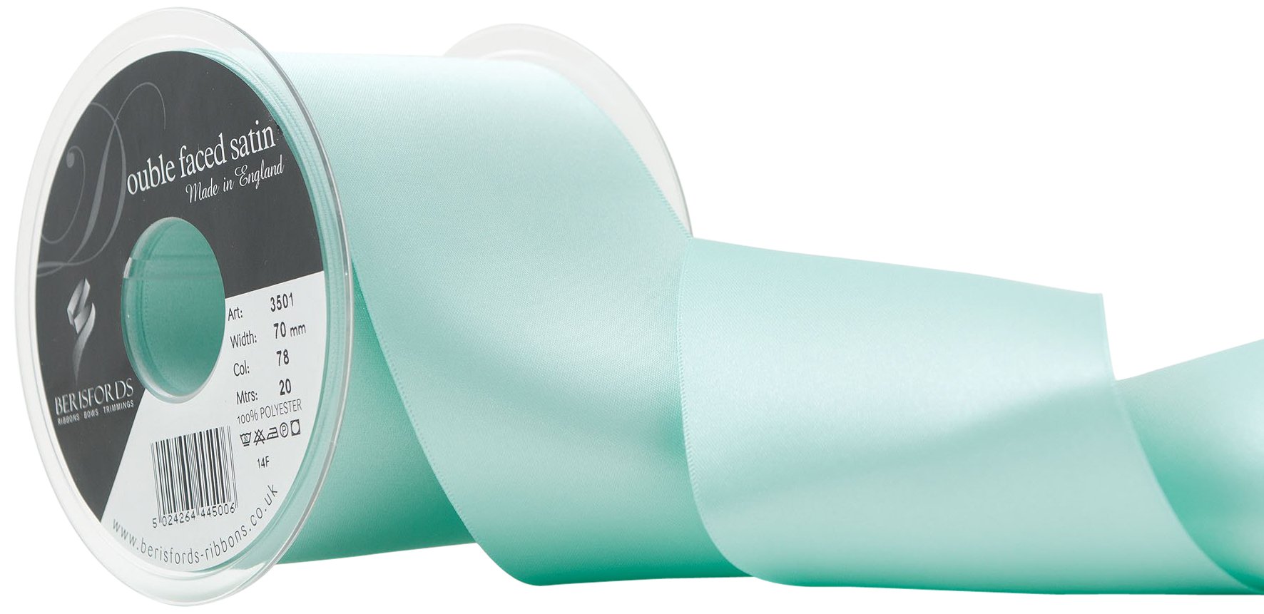 Berisfords Double Faced Satin Ribbon, Aqua, 70 mm Width, 20 metre Length