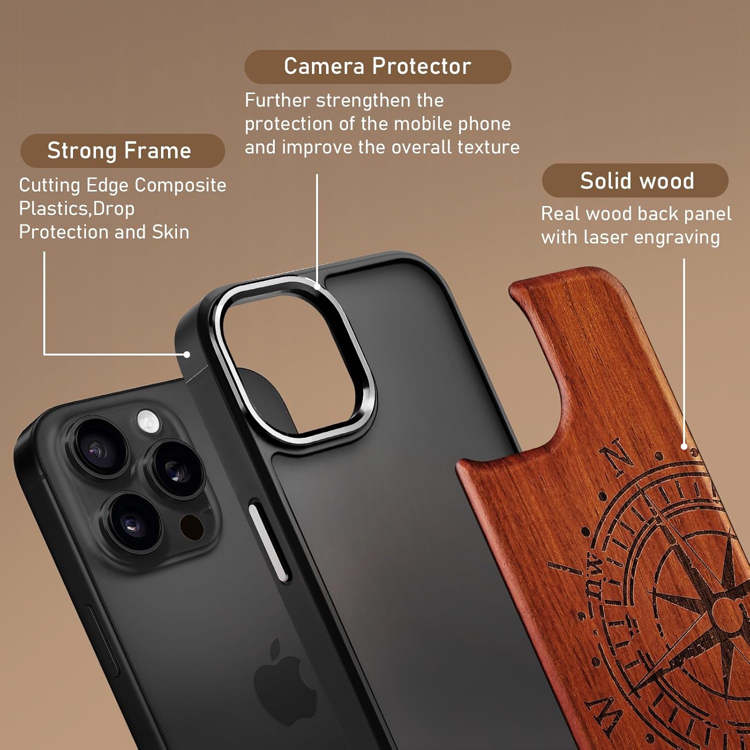 Magnetic Wood Case for iPhone 14 Case/iPhone 13 Case Natural Wood I Metal Lens Frame Protection I Unique & Classy Wooden Shockproof Protective Cover Compatible with magsafe-Rose Wood-Compass