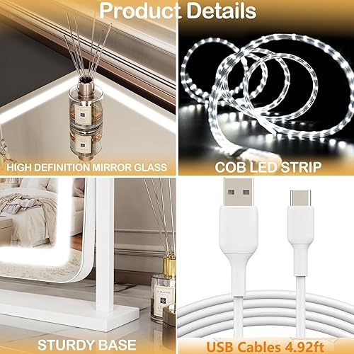 Lighted Makeup Mirror, Hollywood Vanity Mirror with Lights, Three Color Lighting Modes, and Detachable 10X Magnification Mirror, Smart Touch Control, 360°Rotation (15.2in. Curved)(Black,15.2"L x 13"W)