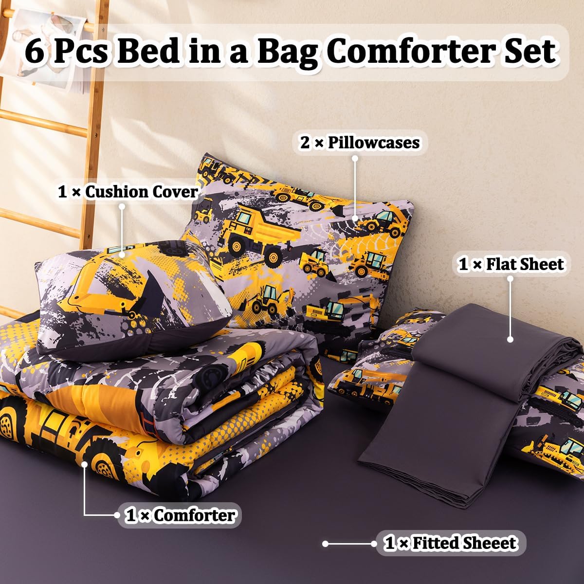 6 Pcs Twin Bedding Set for Boys, Kids Construction Truck Comforter Sets with Sheets, Excavator Truck Twin Boys Bedding Sets - Image 2