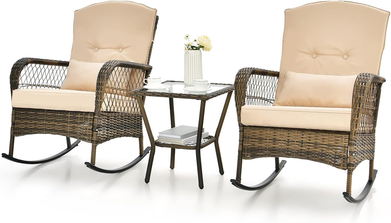 GIANTEX Juego de Muebles de Ratán 3 Piezas, Cojunto de Mecedoras para Jardín, 1 Mesa de Café y 2 Mecedoras, con Cojines, Juego de Mesa y Silla para Jardín, Terraza y Patio