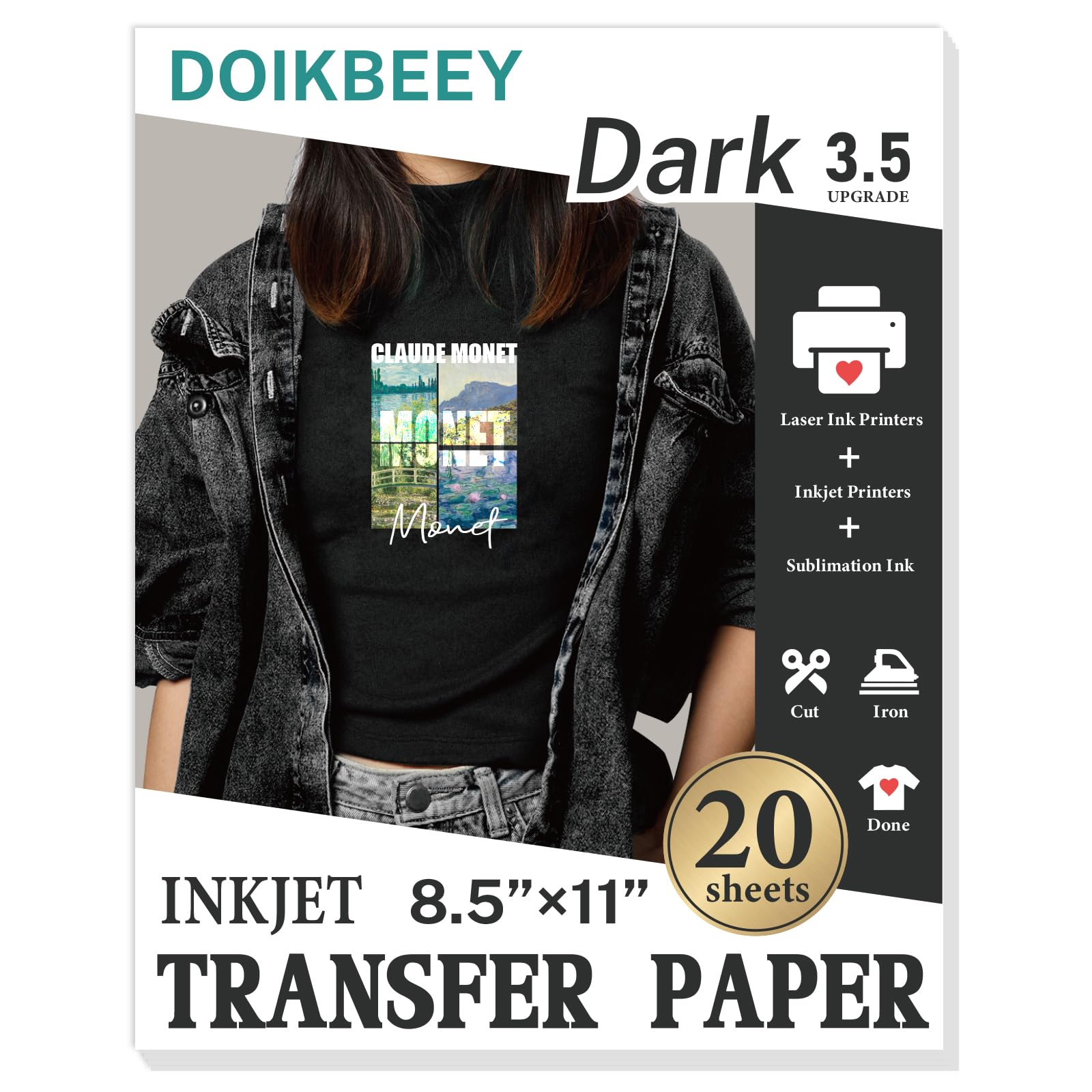 Upgraded version 3.5 Transfer Paper for T Shirts 20 Sheets, 8.5" X 11" Printable Heat Transfer Vinyl, Vivid Color & Durable Iron on Transfer Paper for Dark Fabric
