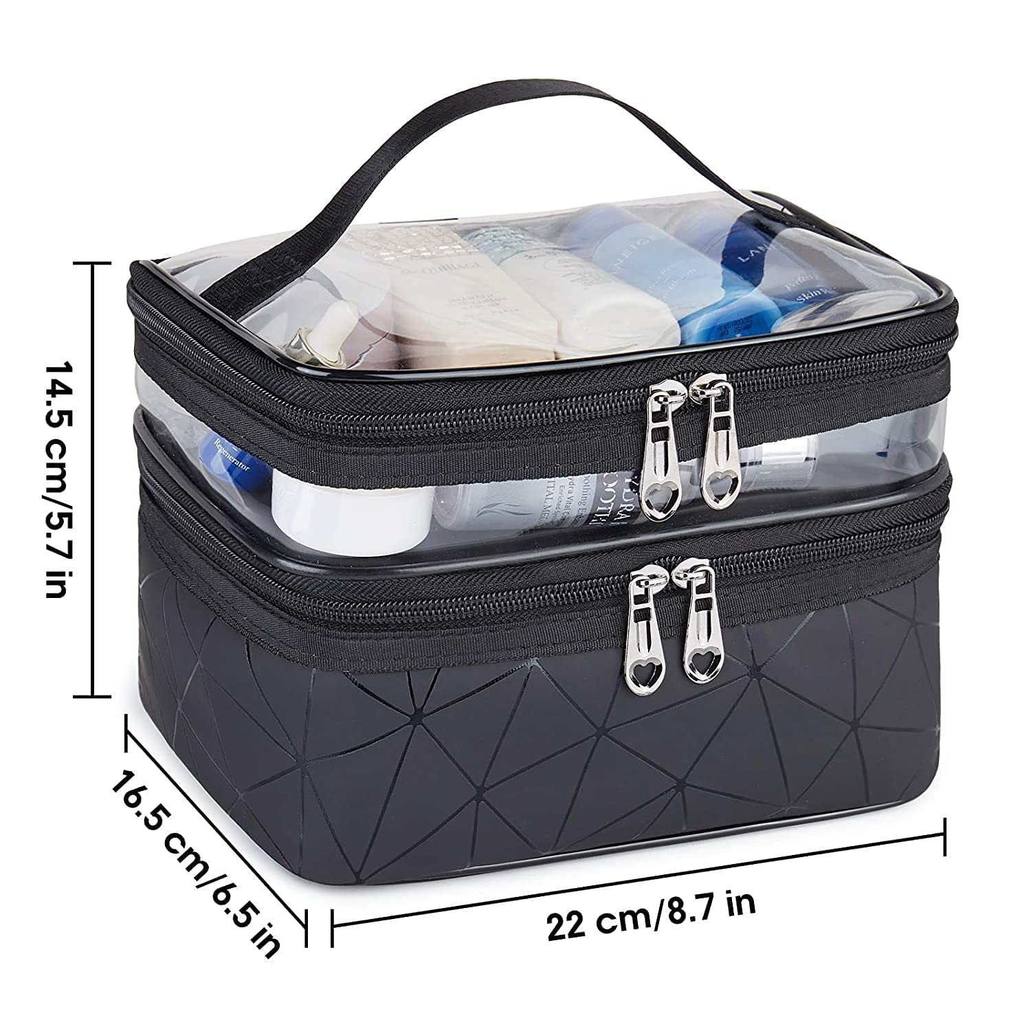 Viulvuk Luxury Double Layer Makeup Pouches for Women | Premium Cosmetic Bags for Girls | Toiletry Kit Pouch with Brush Holder | Travel Wash Bag and inner ware storage organizer - Black Diamond 1
