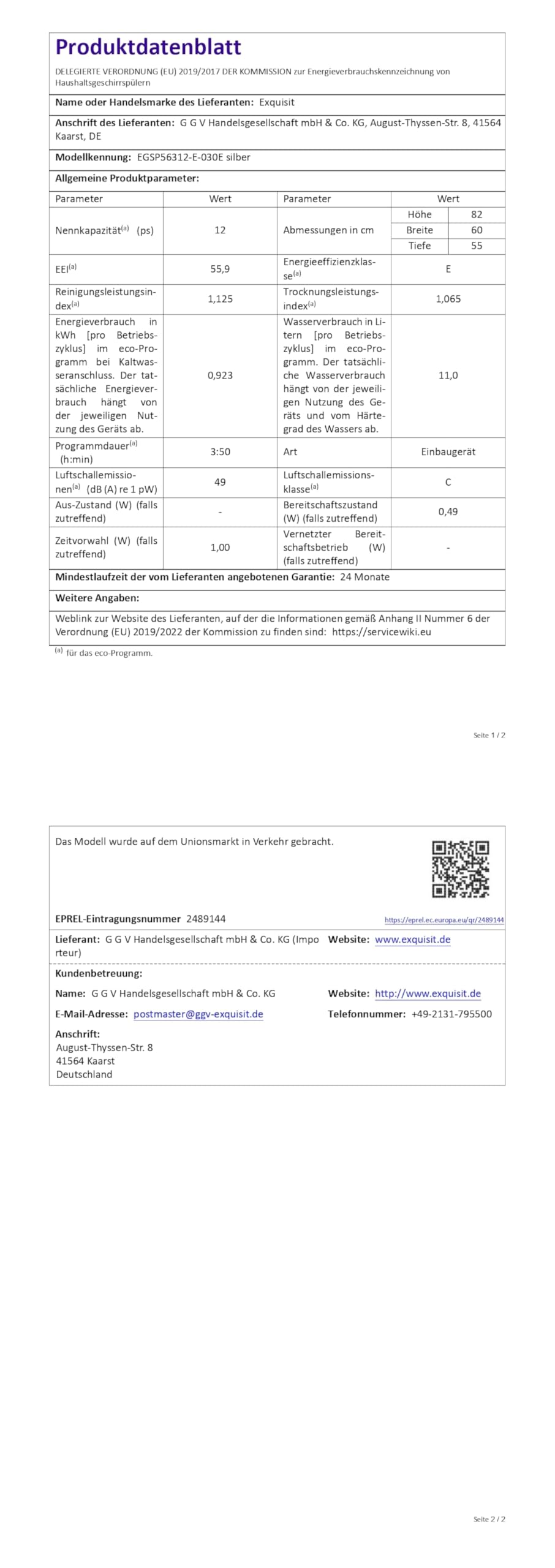 Exquisit EGSP56312-E-030E Einbau-Geschirrspüler 12 Maßgedecke 49 dB leise Aquastop Startzeitvorwahl höhenverstellbarer Korb LED-Anzeige