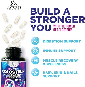 Colostrum Supplement 1000mg - Max Strength 20% Immunoglobulins for Gut Digestive & Immune Support - Natural Bovine Powder for Muscle, Skin & Hair Support - Unflavored & Bottled in USA - 120 Capsules