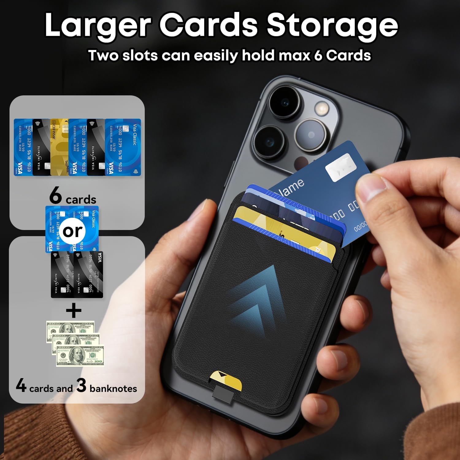 for Magsafe Wallet with Find My Wallet Tracker, Magnetic Phone Wallet for iPhone 17/16/15/14/13/12 Series, RFID Blocking, 6 Cards Holder with Adjustable Stand, Adhesive Ring, Black - Image 5